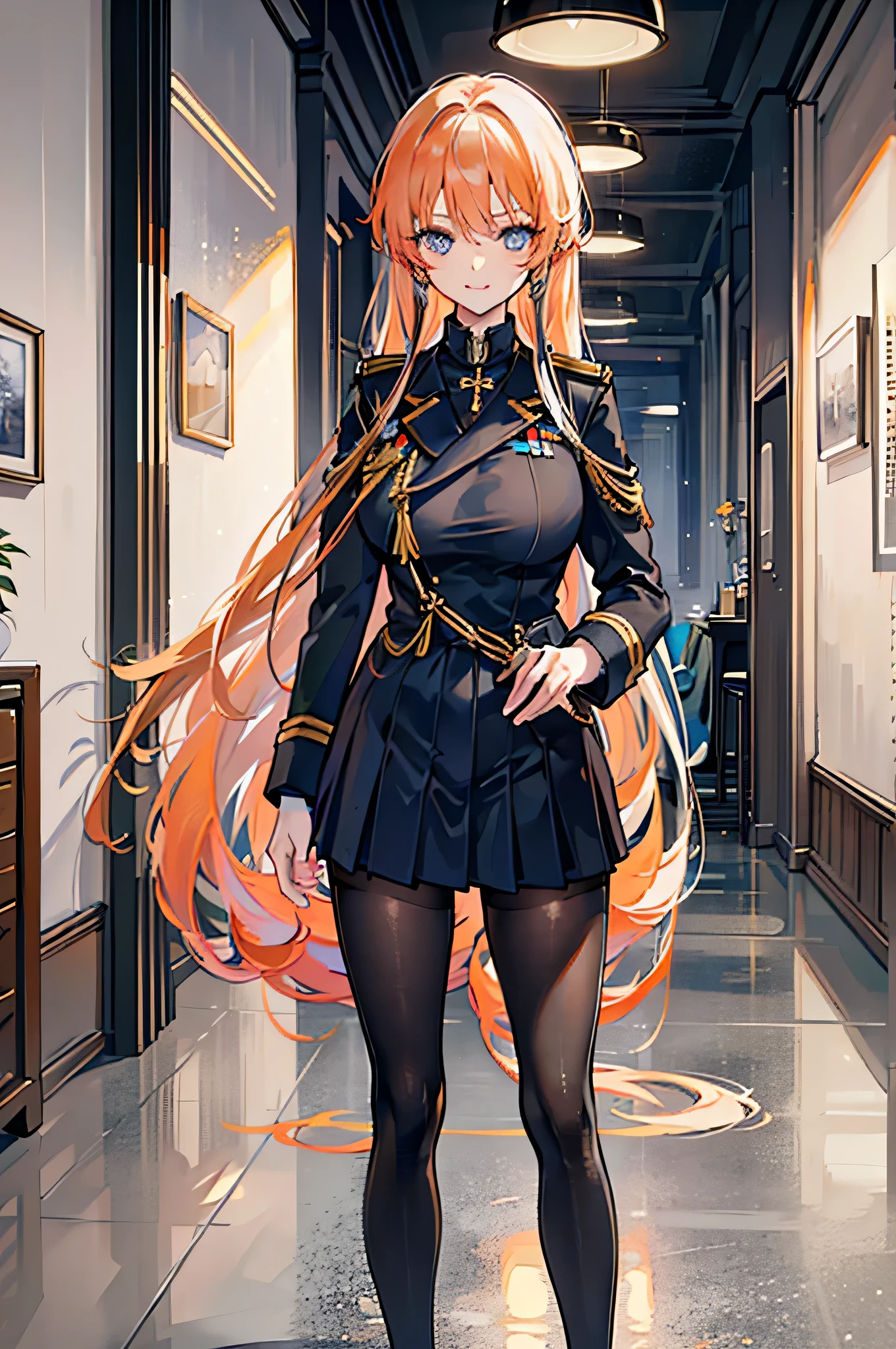 (((highest quality, masterpiece, 1 girl))), orange hair, uniform, coat, big breasts, looking at the viewer, gentle smile, blue eyes, long hair, military uniform, Are standing, indoors, Original outfit, military uniform,((Upper body)),