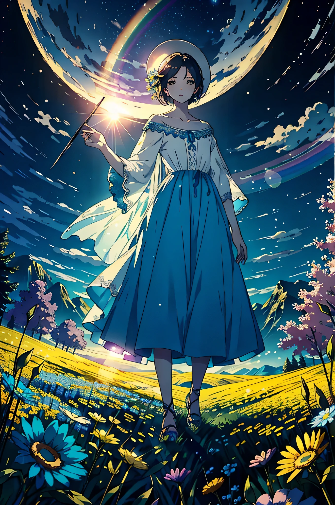 masterpiece, Ultra detail, Huge landscape photo，（look down，Higher is the sky，Below are open fields），an angel with wings stands on a flower field and looks up.，（Sun：1.2），，Far Mountain, Tree BREAK Art Creation，（Warm light source：1.2），lamp lights，Many transparent yellow and blue-white flowers..，complex parts，volumetric lighting BREAK（tmasterpiece：1.2），（Best quality），4K，ultra - detailed，（dynamic compositions：1.4），rich in detail，many colors，（Rainbow color：1.2），（with luminous light，Atmospheric lighting），dream magic，magic，（One：1.2）
