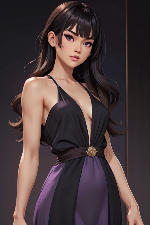 Detailed art, art sketch, sketch drawing, girl with Brazilian and Asian features, Japanese-like eyes, small and elegant lips, wavy hair with long bangs that extend a little past her light brown shoulders, deep gray eyes, makeup soft in purple and black eyes, elegant broad shoulders, elegant black dress