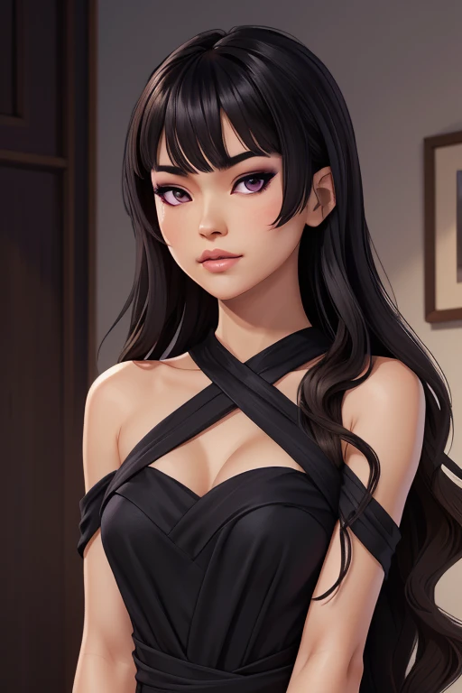 Detailed art, art sketch, sketch drawing, girl with Brazilian and Asian features, Japanese-like eyes, small and elegant lips, wavy hair with long bangs that extend a little past her light brown shoulders, deep gray eyes, makeup soft in purple and black eyes, elegant broad shoulders, elegant black dress