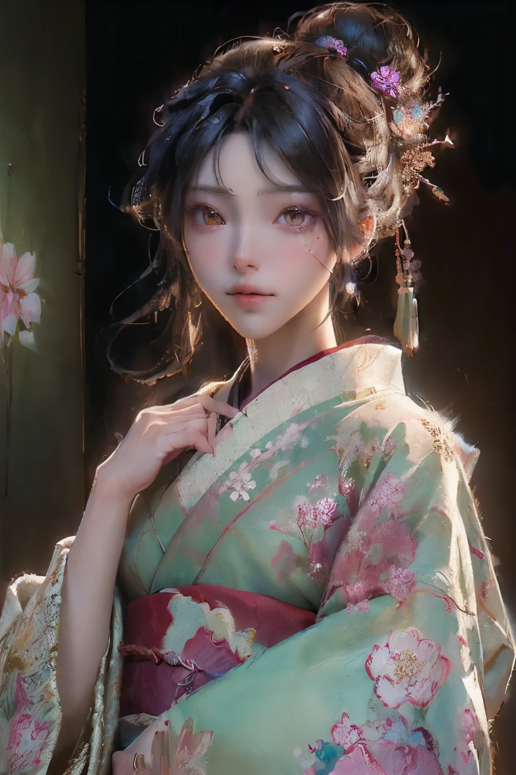 (A digital illustration or painting: 1.5), Stunning, Guweiz-inspired, high detail, realistic anime girl appearance, smooth anime CG art style, kimono adorned with flowers, (The art of Guweiz: 1.2), official art, 8k resolution, a high level of texture and shading, masterpiece, ultra-detailed, captivating, beautiful, (RAW photo edited): Rendered with meticulous care, flawless complexion, lifelike features, intricate kimono pattern, vibrant colors, catching the eye with its impressive intricacy, a true work of art that brings the viewer into a
