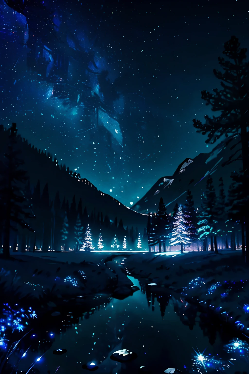 Create a top-quality masterpiece of a peaceful sky with stars, featuring a dark hue blue backdrop that exudes a cool and cold atmosphere. The forest shadows cast below add an extra layer of serenity, as if inviting the viewer to immerse themselves in the tranquil beauty of the scene. The stars twinkle with hyper-realistic details, each one distinct and fully rendered in 8K resolution. The iridescent lighting creates a dreamy and magical effect, while the composition of the movement adds a sense of depth and dimension to the image. (Night landscape: 1.4), (Peaceful: 1.3), (Starry night: 1.5), (