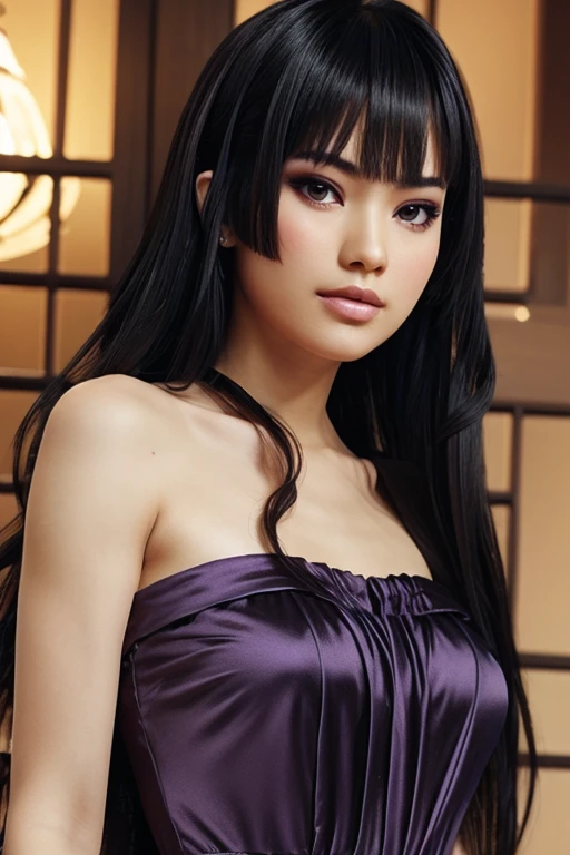 Detailed art, art sketch, sketch drawing, girl with Brazilian and Asian features, Japanese-like eyes, small and elegant lips, wavy hair with long bangs that extend a little past her light brown shoulders, deep gray eyes, makeup soft in purple and black eyes, elegant broad shoulders, elegant black dress