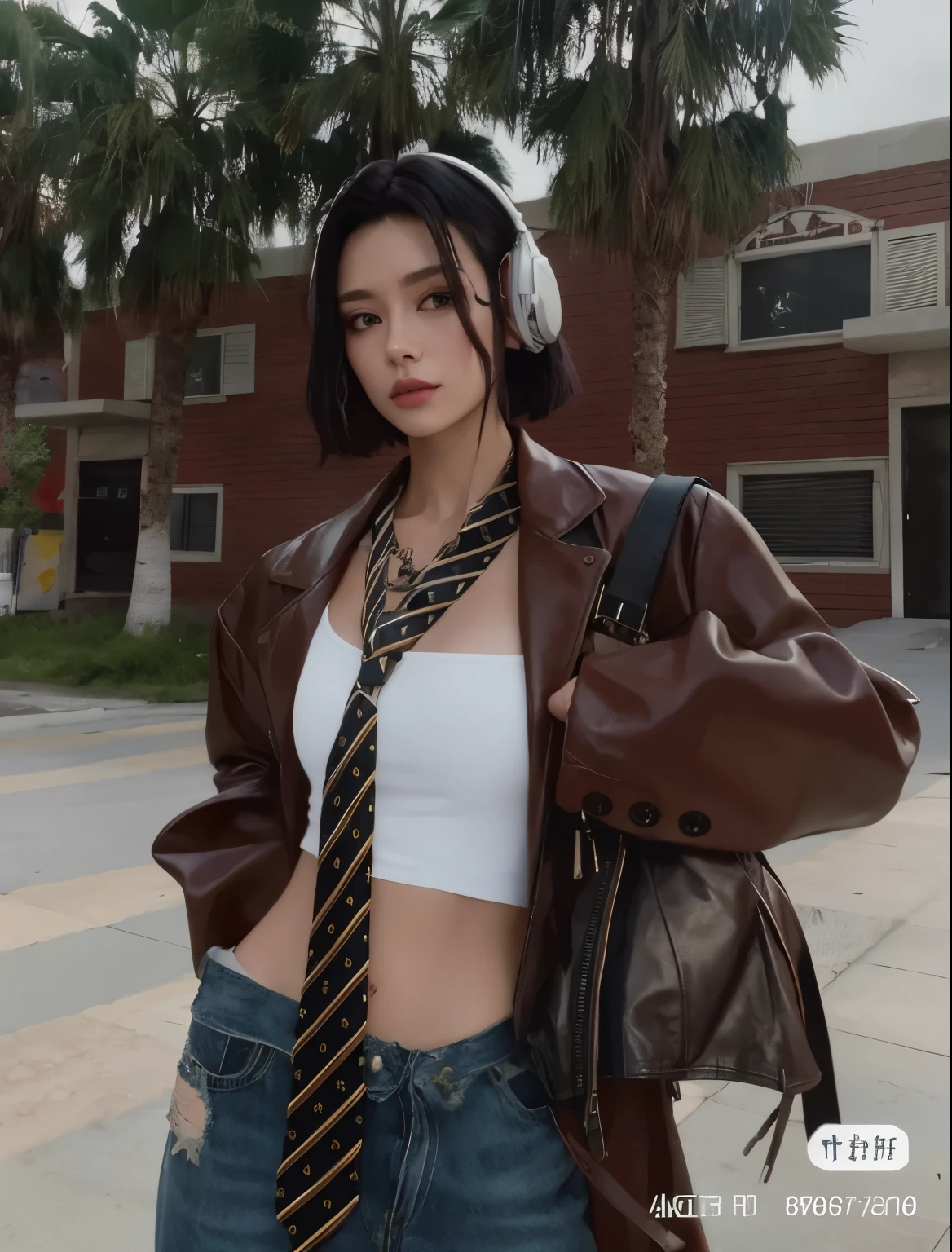 araffe woman in a white top and a jaqueta marrom and tie, usando jaqueta de couro cyberpunk, very aesthetic leather jacket, camisa cropped com jaqueta, garota de anime na vida real, estilo anime, por Yang J, jaqueta marrom, trends on cgstation, vestido com jaqueta de couro curta, trends on cgstation, 2 modelo feminino de 4 anos, estilo de cyberpunk