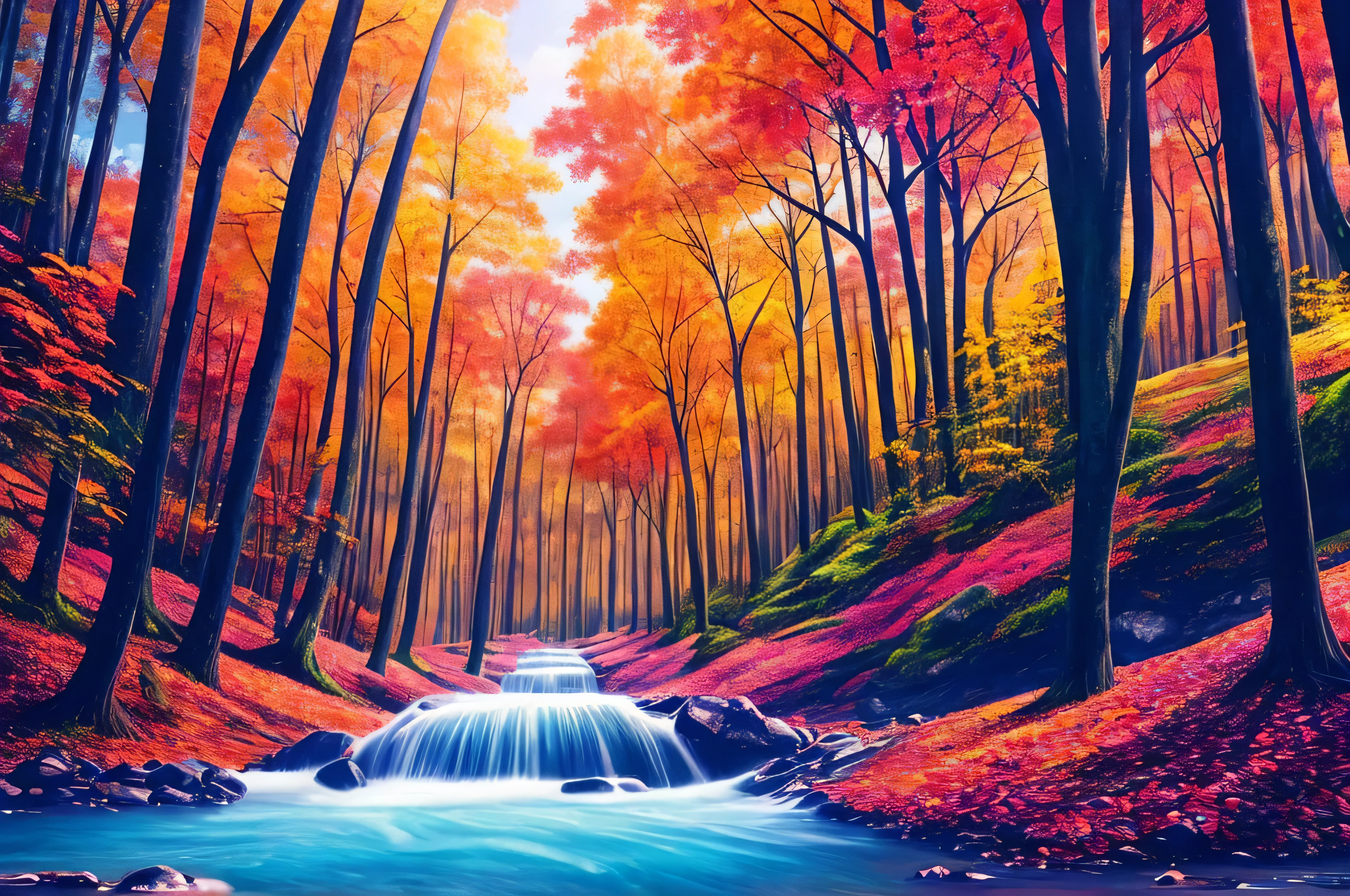 illustration surréaliste d'une forêt magnifique, Abondance de vie, merveilleuses lumières et couleurs
