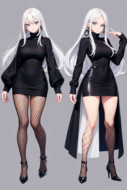 character sheet of a Old white woman as a principal, milf, mature, platinum hair, gray hair, long hairstyle, slim face, high cheekbones, big lips, full lips, up-turned nose, pointy nose, pouting, pouting lips, pale skin, 90s glamour makeup, tall, curvaceous, small waist, big hips, hip dips, big breasts, gigantic breasts, sagging breasts, long legs, white blouse, cardigan, brown pants, Best quality, 8k, Masterpiece, realistic, photorealistic (gigantic breasts:1.2)(hanging breasts: 1.5)