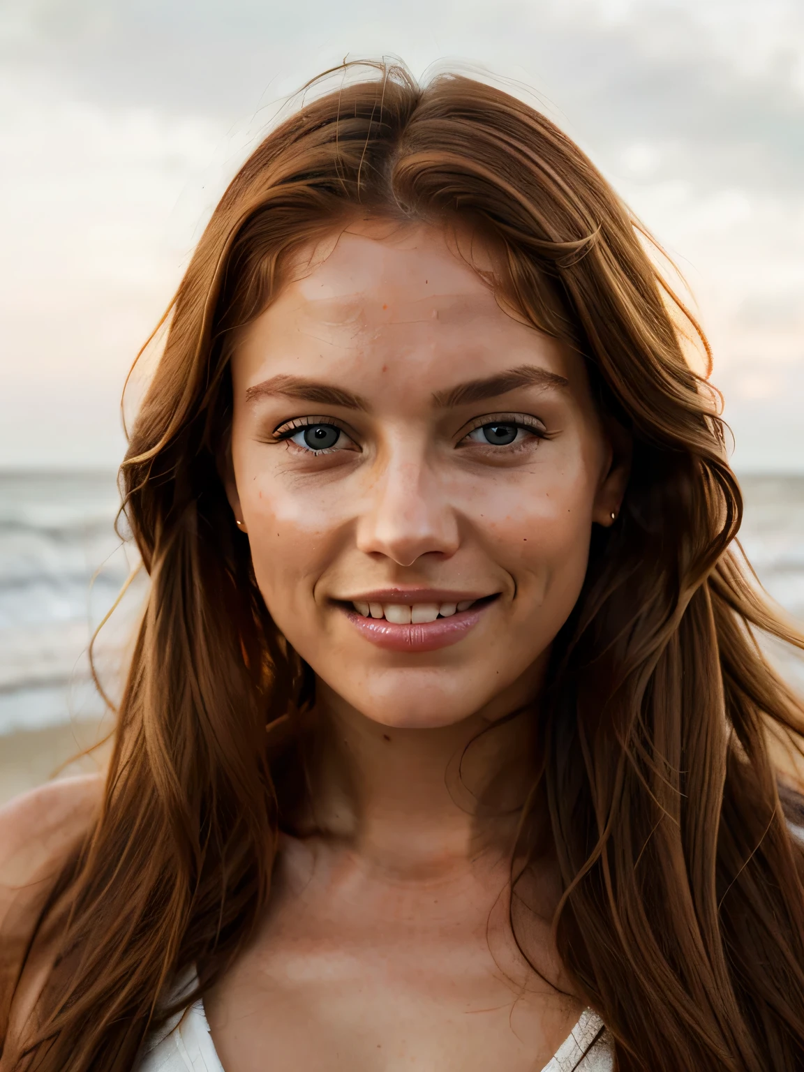 Cinematic soft lighting illuminates a stunningly detailed and ultra-realistic beautiful swedish supermodel, perfect teeth, beach look, realistic skin,long messy windy red hair, clear honey eye, captivating perfect smile, sensual lips, hot woman, gorgeous, that is trending on ArtStation. Octane is the perfect tool to capture the softest details of this 16k photography masterpiece.