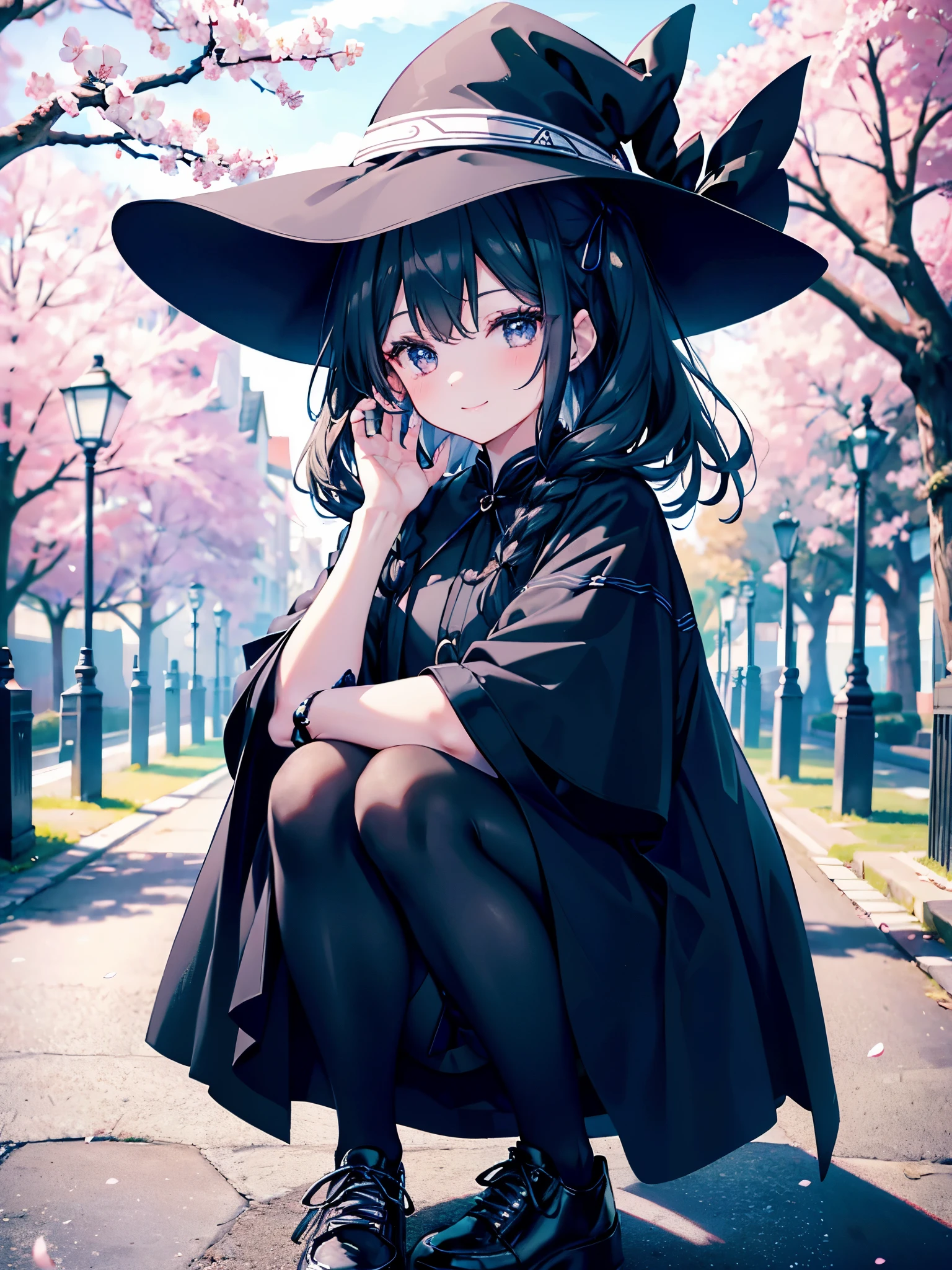 A girl smiling under the cherry blossom tree、Woman wearing a large black witch hat with sapphire accessories、is wearing a black coat、She is wearing a white dress with a navy blue ribbon on the inside.、black stockings、Black sneakers with white shoelaces、