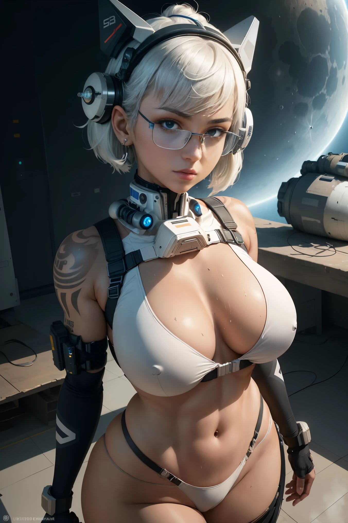 masterpiece, best quality, ultra-detailed, high contrast, realistic,(1woman),beautiful detailed eyes, looking at viewer, confident pose, tiny breasts, skinny waist, voluptuous hips, muscle arms, muscle thighs, sweaty skin, shiny skin, black tattoo, tattoo, chest tattoo, arm tattoo, rib tattoo, breast tattoo, cleavage tattoo, neck tattoo, shoulder tattoo, huge tattoo. (Earrings, multiple ear piercings) White hair, bob cut Hair, messy hair(Drenched in sweat) astronaut, landing on moon, helmet, straps, oxygen tank, oxygen tube, reflection, earth reflection, moon dust, white outfit, industrial straps, nasa, harness, lunar background, zero gravity, high tech, sci-fi gloves, sci-fi headgear, sci-fi exo suit, sci fi glasses, complicated chest plate, shoulder plates, wiring, complex wiring, 