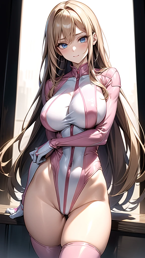 ((masterpiece)), ((high quality)), ((super detailed)), ((high resolution)) , ,((8k)),a beautiful woman, ((She is one of the most famous actress in Japan.)), unparalleled beauty, ((large breast:1.3)), ((large ass:1.2)), ((deep cleavage)), slim waist, chest out, ultra detailed face, perfect skin, (((waist length hair, long light brown straight hair, hime cut))), light blue eyes, detailed eyes, whole body image, sexy, an inviting smile, sensual, (((anime))), ((glamorous)), sexual attraction ,23 years old, ((incredibly beautiful woman)), ((The H cup bust)), ((((sexy pose)))), ((neat and clean.)) , (((Power Ranger))), heroine, (((high leg leotard power suit, white line on pink colored power suit:1.4))), ((relief soldier)), ((beautiful breasts)), beautiful legs, 8 life size, anime:1.4, wet, the most beautiful and strongest, ((charm)), ((Russian beauty)), ((gravure pose)),
