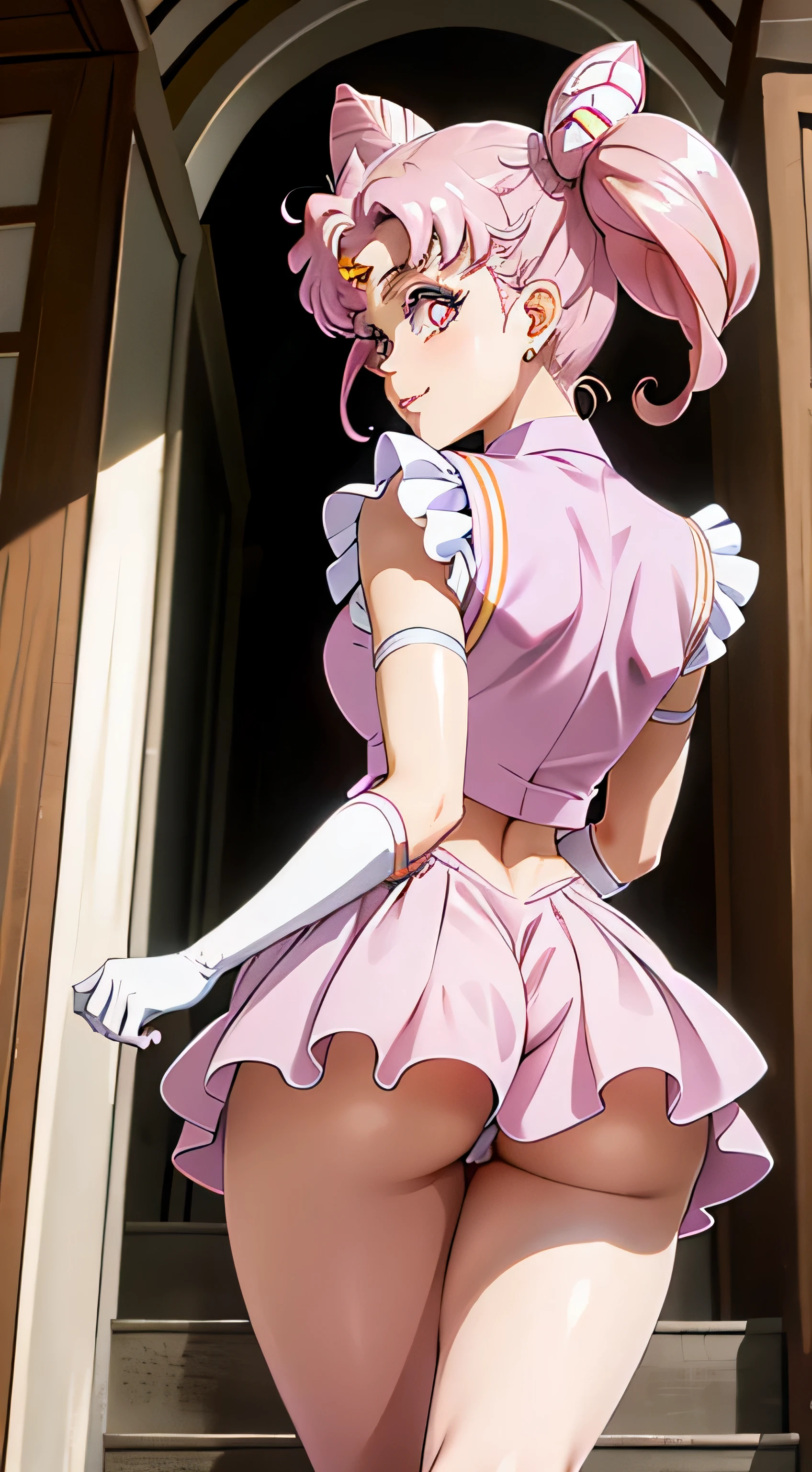 obra maestra, Mejor calidad, absurdos, perfect anatomy, 1 chica, Solo, SMMoon, 1990s \(Estilo\), Sailor Chibi Luna Cabello Rosa, pupilas rosadas ojos, subir las escaleras, de cerca, Sonrisa, tiro de vaquero, Uniforme Sailor Senshi Rosa, Collar marinero rosa, falda plisada rosa, guantes de codo, en postura de espalda, Show off your loot, backward, No hay tanga en un gran trasero, cuerpo completo, aausagi, de cerca booty, PUNTO DE VISTA DE ABAJO A ARRIBA, ( Sin tanga ) big booty, voyeur bajo la falda lengua (twintails hairEstilo)
