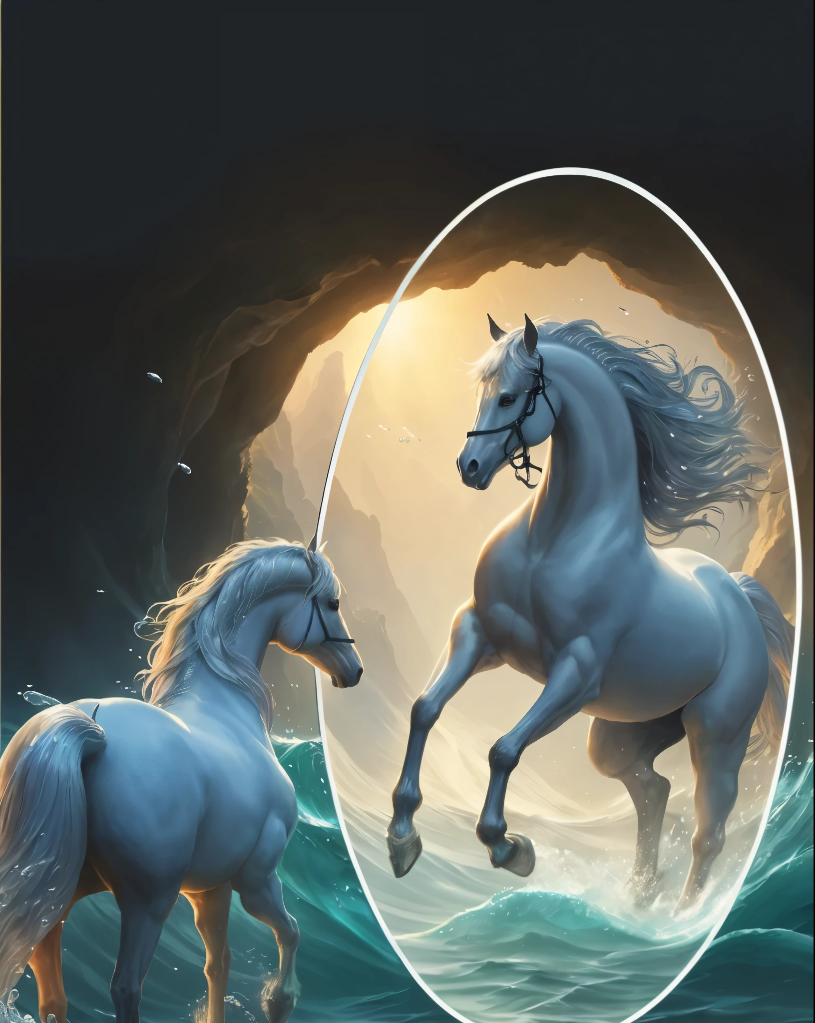 Background big stars、intergalactic、Best Quality,4K,hight resolution,masutepiece:1.2,Ultra-detailed,Realistic, kelpie, Horse and fish mix,Shiny Blue Horse with fish tail in front of back,Small Pony standing opposite,Shimmering scales,coming out of the big oval mirror,kelpie,a mythical creature,glimmering light,Realistic water texture,Realistic mirror,Realistic mirror glass, Wet and shiny appearance,Wavy reflection,Aura of mythology,underwater landscape,Majestic presence,nature environment,serene ambiance,The existence of mysterious creatures,Ethereal lighting,Graceful movement,super powers,Quiet and quiet environment,Fantastic creatures,seductive beauty,Powerful and captivating gaze,Fine details,The myth of mythical creatures,slender and elegant figure,,Elements inspired by nature,Subtle shades,Detailed textures,Mythical existence,Deep in the waves,Lower body in water,Mythical horse-like features,water cascading,Dynamic and energetic poses