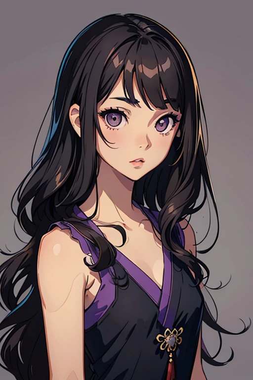 Detailed art, art sketch, sketch drawing, girl with Brazilian and Asian features, Japanese-like eyes, small and elegant lips, wavy hair with long bangs that extend a little past her light brown shoulders, deep gray eyes, makeup soft in purple and black eyes, elegant broad shoulders, elegant black dress