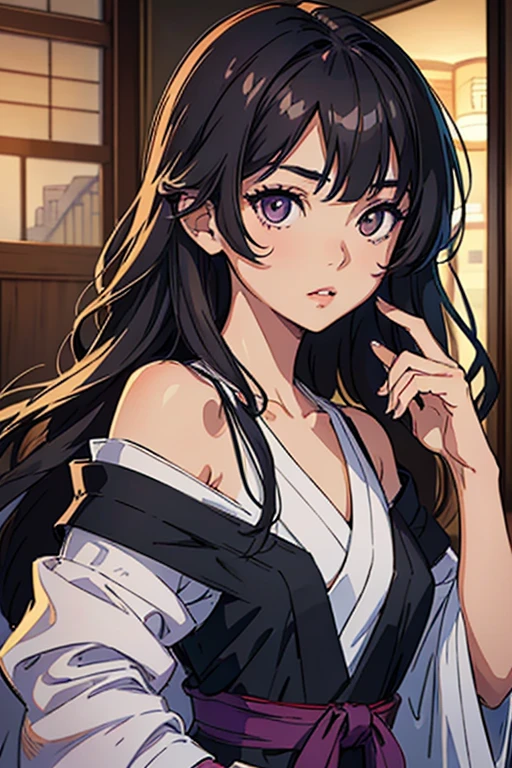 Detailed art, art sketch, sketch drawing, girl with Brazilian and Asian features, Japanese-like eyes, small and elegant lips, wavy hair with long bangs that extend a little past her light brown shoulders, deep gray eyes, makeup soft in purple and black eyes, elegant broad shoulders, elegant black dress