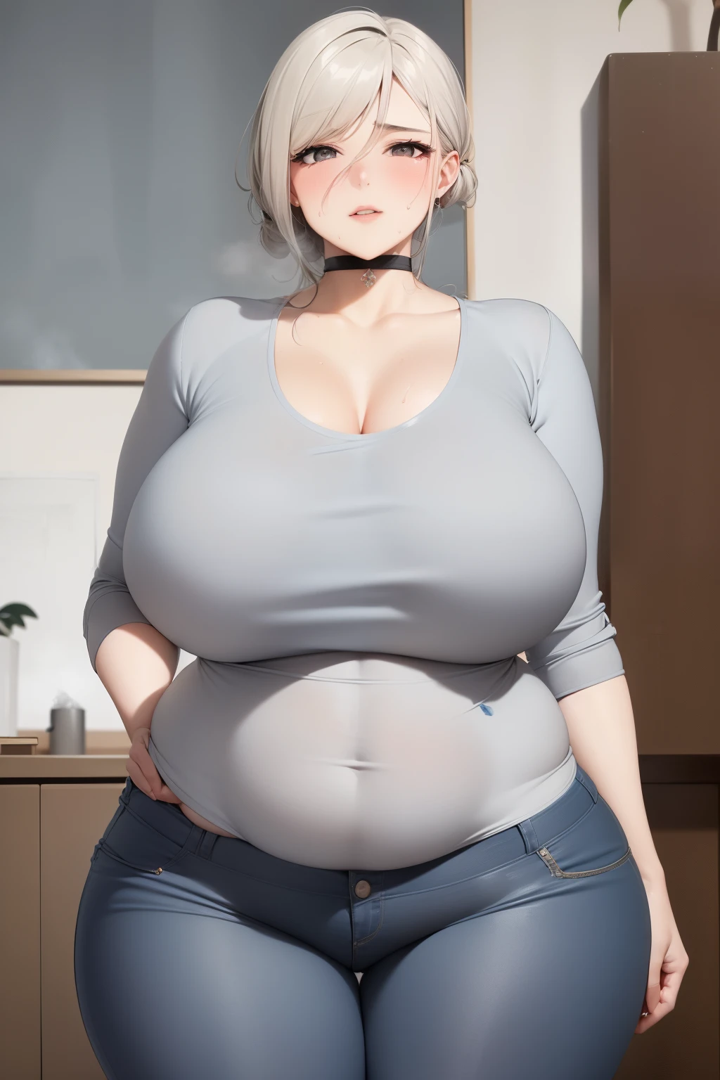 Closeup of a person with a big butt in a room, cabello plateado, cabello largo, pantis, Camisa gris, vista frontal, grueso, (SFW) seguro para el trabajo, insanely inflated hips, muslos grandes, sombreado realista perfect body, Detalles pesados, oppai, sombreado realista (SFW) (WET CLOTHES) (CHOKER) (SWEAT) (STEAM) (BEAUTIFUL WOMAN) (LARGUE AREOLA) (LONG HAIR) (TWINKLE IN THE EYES) (TIGHT CLOTHING) 