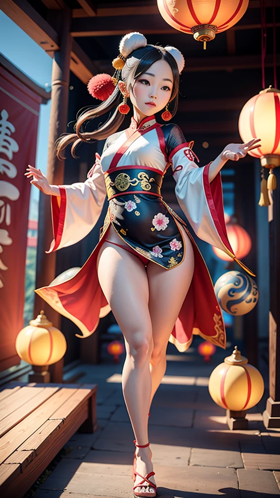 An ancient Chinese painting scroll,In the picture,The girl Chang'e in gorgeous Hanfu,Charming,Curved eyebrows,slender eyes,Flying to the sky in Dunhuang style,Lightweight,The clothes are fluttering,like a dance in the air。She moves vigorously and gracefully,Complementing the ancient murals,During parkour,She makes some difficult moves from time to time,like rolling、jump、Taxi etc.,Elegant and agile posture,Combined with traditional Chinese cultural elements,Demonstrates the wisdom and strength of the Chinese nation,The whole picture is rich in color,with magnificence、Antique as the main tone。The bright colors of the murals in the Blue Rock Grottoes,Express youth and vitality;The girl Chang'e's Hanfu is made of traditional Chinese red.、Bright yellow and other bright colors,Strong contrast with the background,Make the picture more vivid。The spectacular Dunhuang Grottoes in the background,Colors are warm,Showing the thickness and traces of time。In the picture心,A winding grotto corridor leads into the distance,The murals on both sides are lifelike,It's like telling an old story。There are also elements of traditional Chinese culture in the picture,Chinese dragon,Dragon culture,kite、paper lanterns、Chinese knot,national current,anime illustration,Featuring a playful character design style,Ultra high definition animation CG,3D rendering,Beautiful two-dimensional,Spring Festival poster,ultra HD16k