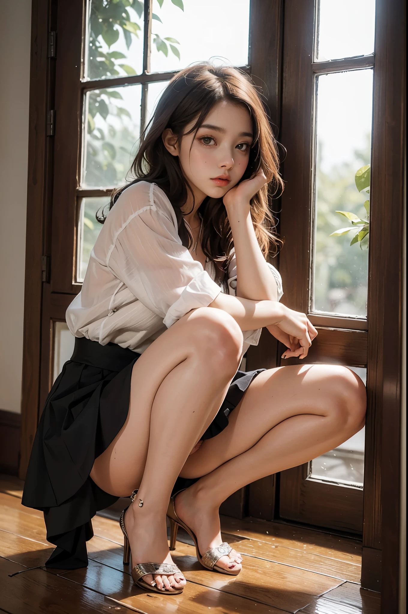 (((NSFW,)))((best quality)), ((masterpiece)), (detailed), perfect face,squat, open legs widely,
a 19 years old girl、mask、very beautiful face、whole body、Wearing pin heels、mini skirt、beautiful feet、Delicate the face、


