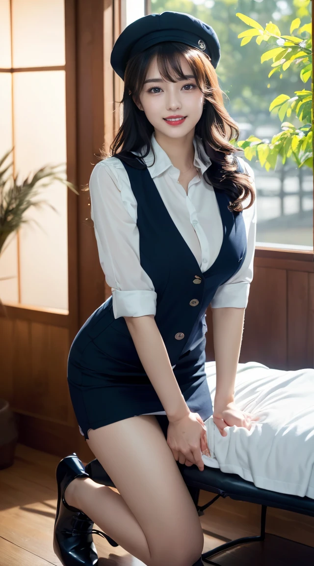 (((full body,including legs)))、(((sexual oil massage))),(((perfect uniform of Japanese stewardess, vest-dress uniform、small hat,(black high-heel), (((with oil,oily hand,oily skin,oil massage))),little smile,white blouse,tight blouse)))、(((navy bowler hat),navy hat)), high heel、Dressed up、(Photo real:1.4)、(A hyper-realistic:1.4)、(Photorealistic:1.3)、 (gentle lighting: 1.05)、(Improve the lighting quality of your video:0.9)、32k、 1Girl、28years old girl、photorealistic lighting、Back lighting、Facial Lights、Ray Trace、(bright:1.2)、(Increase quality:1.4)、 (best quality real texture skin)、Fair eyes,Delicate and delicate face, Close-up of the breasts, white blouse,tight blouse,tight vest-dress uniform, (Bodyline mood improvement:1.1)、good figure,Glossy skin、wavy hair,blonde hair,韓国アイドル、乃木坂アイドル、Sculptural Idol Pose、little smile,blush,Beautiful actress、Neat woman,whole body, (((midium breasts,beautiful breasts))),(perfect row of teeth),slender waist and hip,beautiful long legs,full shot)、((8heads tall)、(((誘惑している、恥ずかしい)))、dynamic pose,gravure pose,((red cheek、red lips)),Super Clean Night View、night time、blush,little smile,(((full shot)))、Super Clean Night View、night time、blush,little smile,(((full shot)))、(((in the luxury massage room,sexual oil massage,with bed,with tree,dark light,in the night,with window,neon sign))),