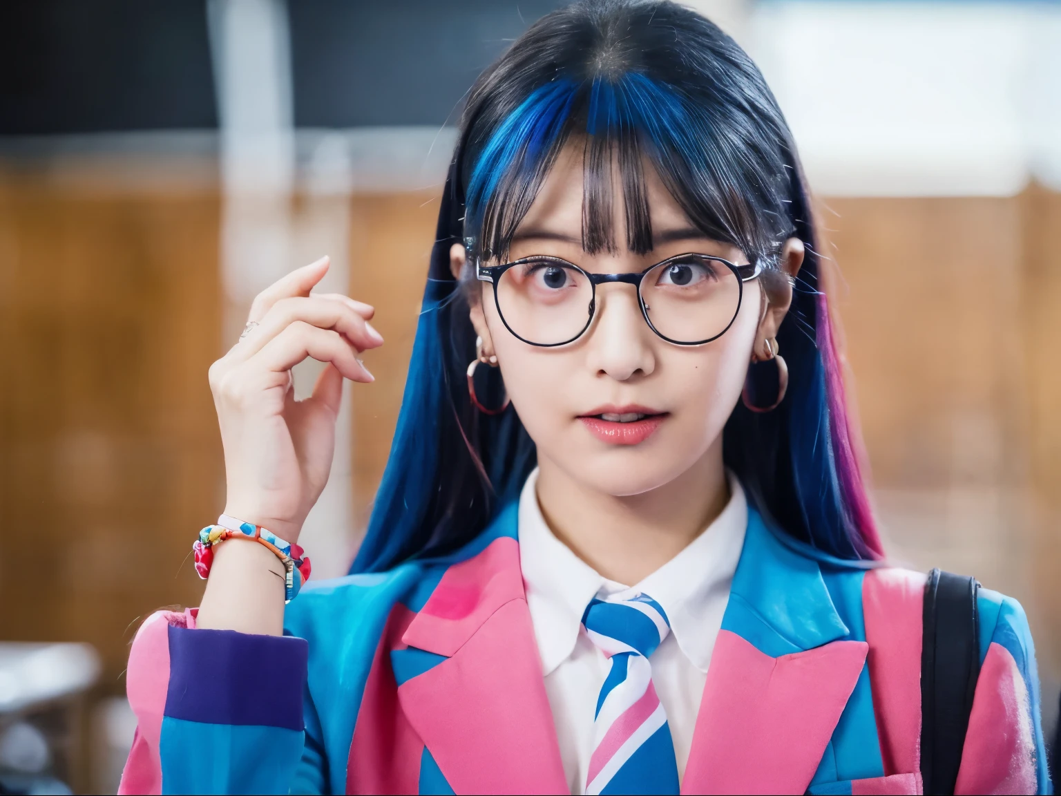 1girl, long hair, bangs, blue eyesball, very long hair, blue hair, pink hair, multicolored hair, earrings, blunt bangs, two-tone hair, streaked hair, ,glasses, lips, figure, suit blazer, standing in a classroom building, bracelet, parted lips, realistic image, fotografi, ultra detail, 70mm lens