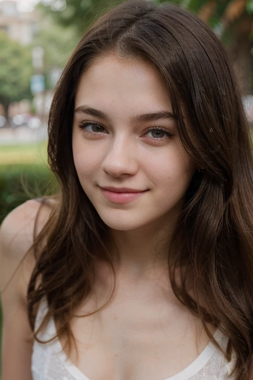 Beautiful 16-year-old teenager, pale skin, cara tierna perfecta, pomulos hermosos y sonrisa encantadora, ojos grandes, cabello largo y ondulado, pale skin, senos grandes naturales, cuerpo de adolescente