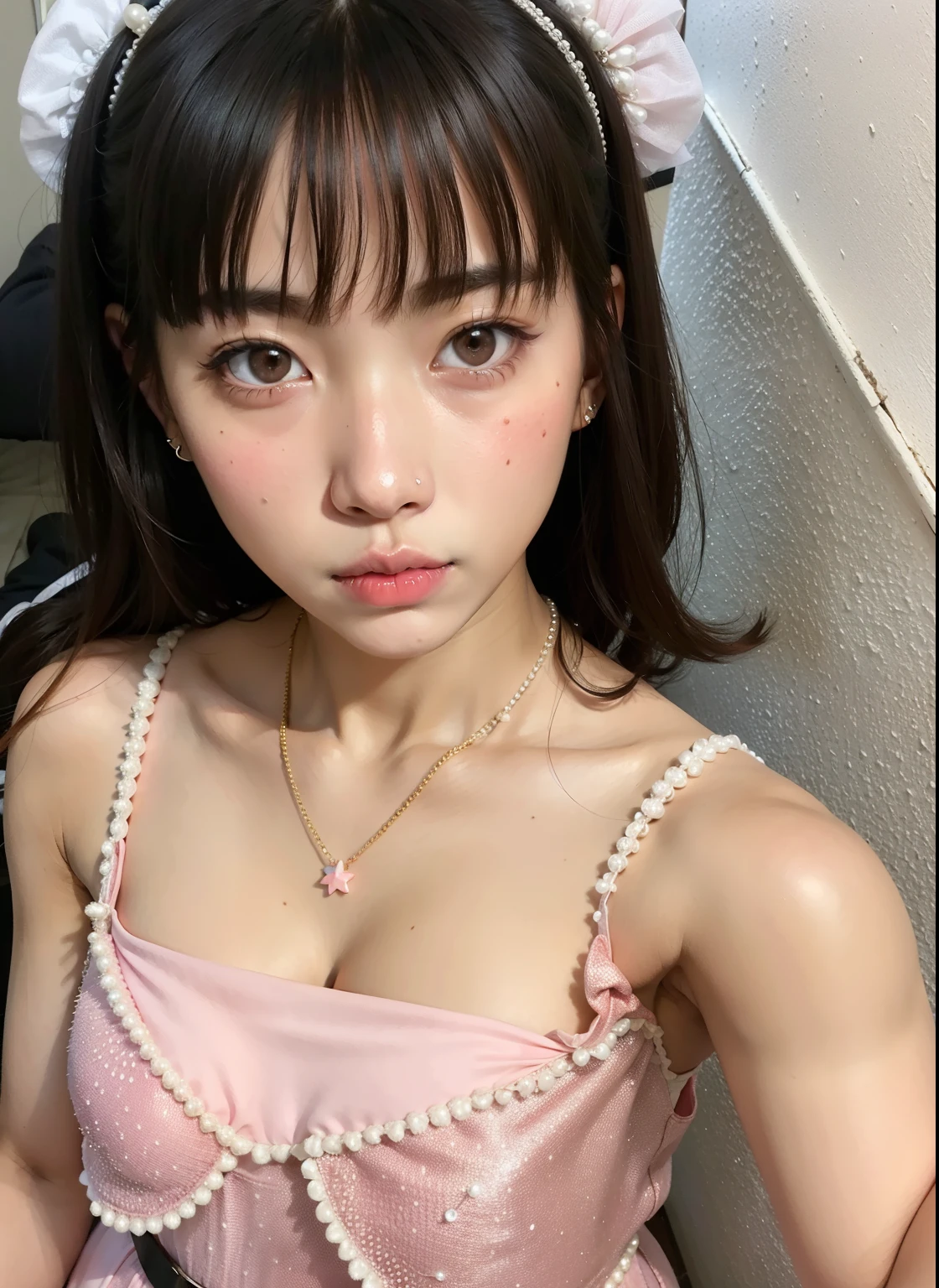 araffe girl with a pink dress and a pearl headband, lalisa manobal, lalisa manoban of blackpink, 8k selfie photograph, white hime cut hairstyle, she has a cute face, with cute - fine - face, young cute wan asian face, the hime cut, 19-year-old girl, chiho, ulzzang