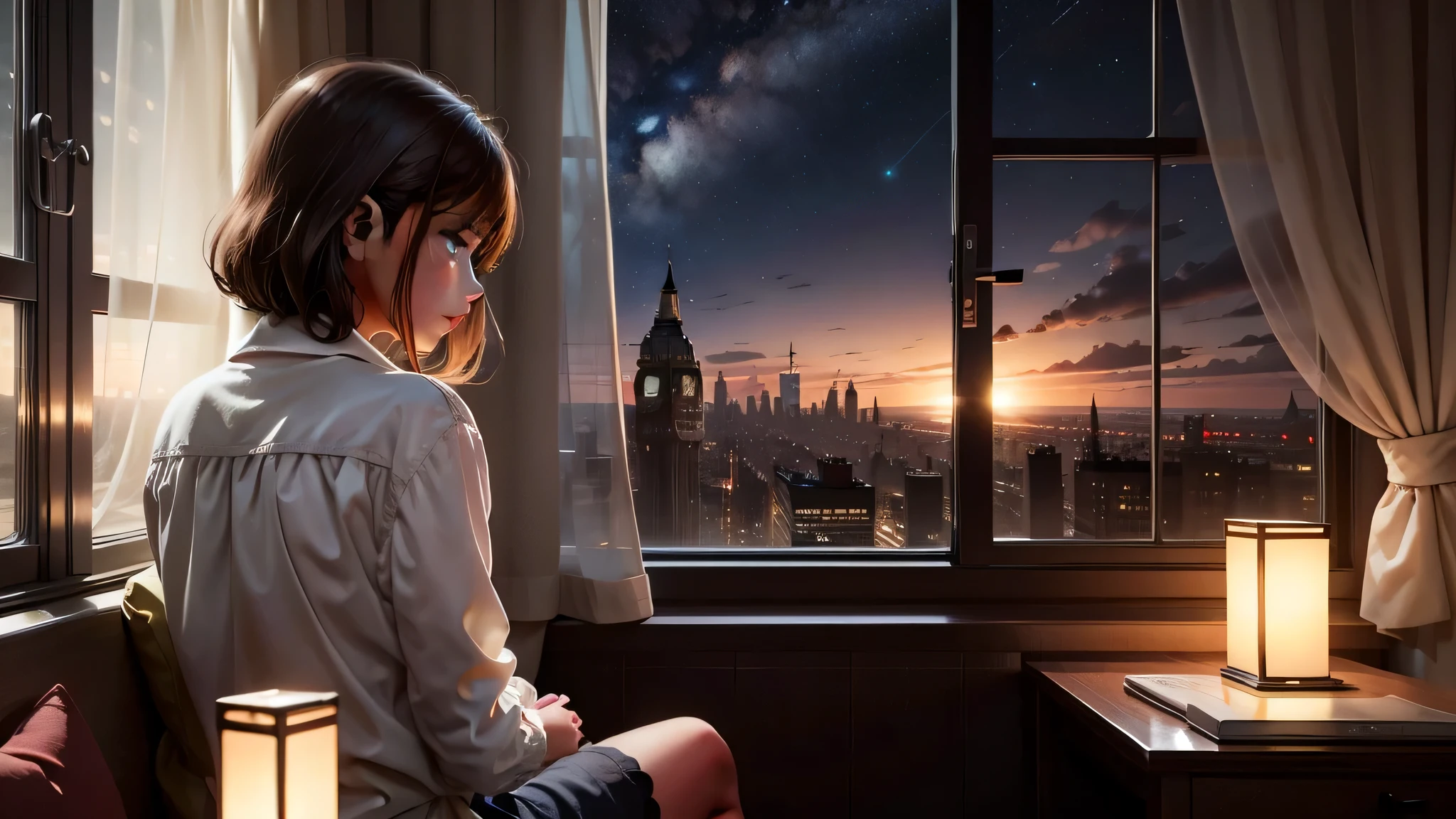 Girl sitting alone by the window,Night view of the city outside the window,The starry sky outside the window sparkles,Very lonely,A soft shimmer shone on the girl,Rich details inside the window,There are plush dolls inside the window,There are night lights on the inner walls of the windows,The girl looks at the scenery outside the window with a lonely back,The picture is hazy,the lighting is subdued