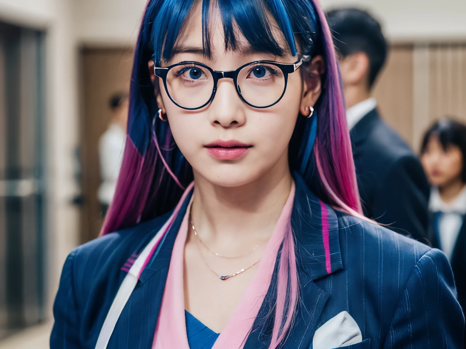 1girl, long hair, bangs, blue eyesball, very long hair, blue hair, pink hair, multicolored hair, earrings, blunt bangs, two-tone hair, streaked hair, ,glasses, lips, figure, suit blazer, standing in a classroom building, bracelet, parted lips, realistic image, fotografi, ultra detail, 70mm lens