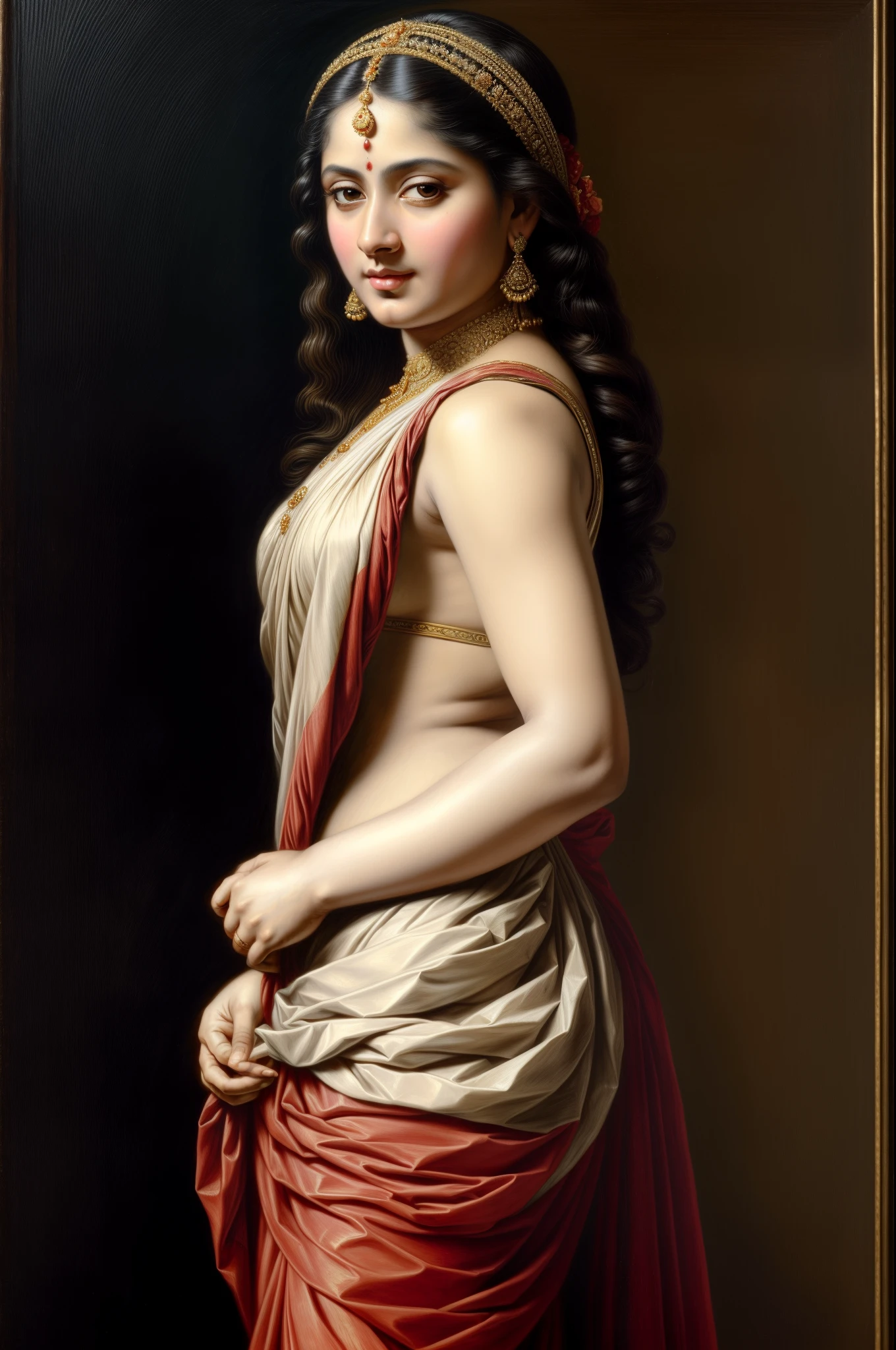 Beautiful Indian Woman, wearing saree, sari Beauty, gorgeous, Apsara, Maharani, royal queen woman, nymph from Hindu Mythology, Urvashi, matchless beauty, Highly detailed, Oil Painting by Peter Paul Rubens inspired by Raja Ravi Varma, Matchless beauty, captivating, gorgeous, heavenly beauty, celestial beauty, by Peter Paul Rubens, 1893, realistic, hyper realistic, micro details, incredible artwork, insane details, ultra High resolution, 8k, 32k, acrylic on canvas, intricate, flawless, detailed, detailed face, detailed eyes, masterpiece, by Peter Paul Rubens, by Caravaggio, by William Adolphe bouguereau, perfect face, perfect body, beautiful art, realism, baroque, renaissance Art, highly textured, beautiful and detailed eyes, uhd, best quality,
