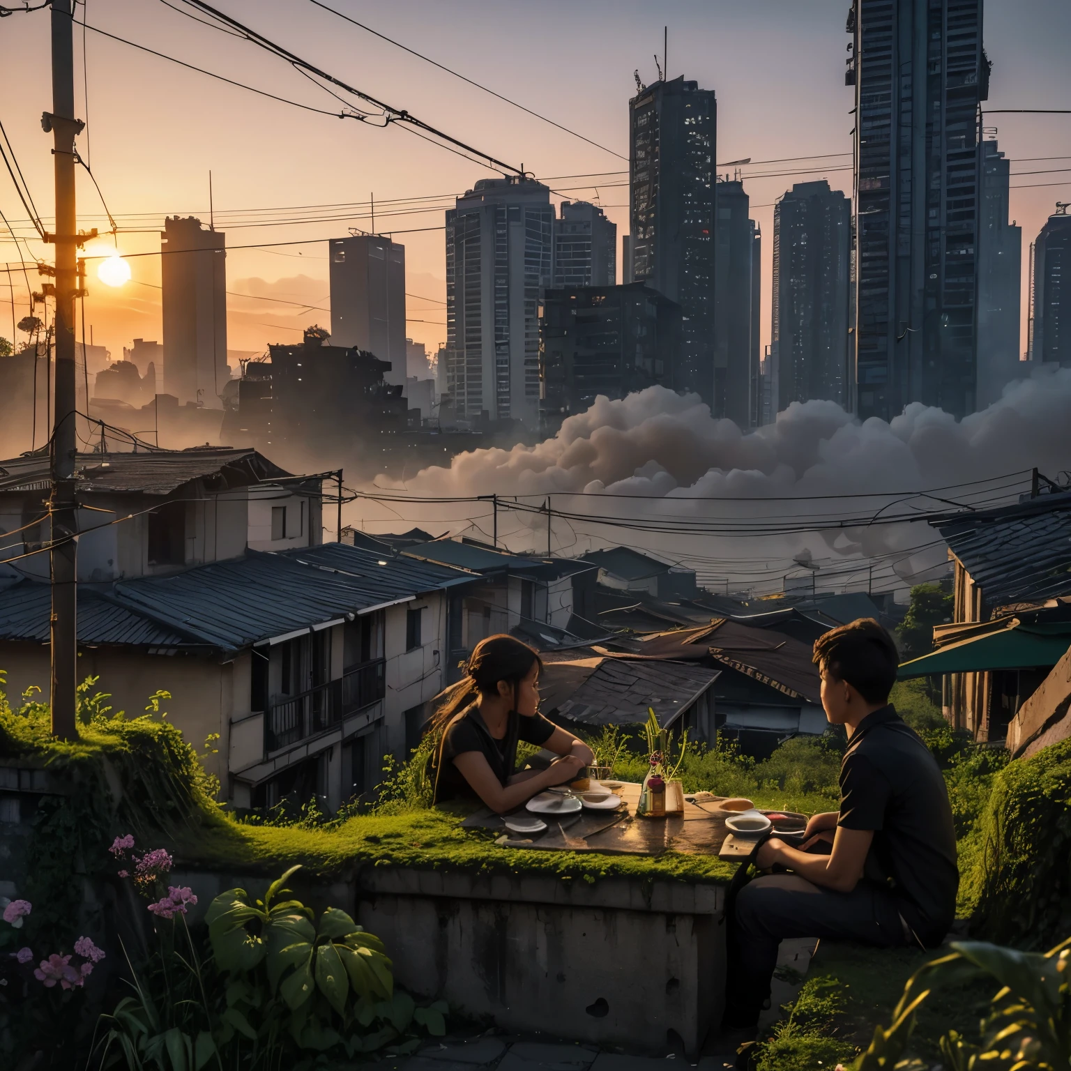 An old city, long time destroyed by an nuclear bomb, smoke still visible ,city is overcrowded with grass, moss, flowers,jungle setting , many wires / kabels connected from building to building, time becomes sunset to night, near an old restaurant sit an girl and an boy by an table to have their dinner