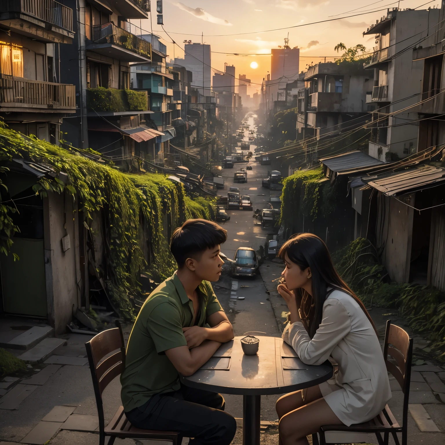 An old city, long time destroyed by an nuclear bomb, smoke still visible ,city is overcrowded with grass, moss, flowers,jungle setting , many wires / kabels connected from building to building, time becomes sunset to night, near an old restaurant sit an girl and an boy by an table to have their dinner