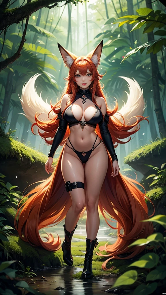 Banshee fox Kurama,whole body,Breasts are super big,jungle background,ios deep scene,Pubic slit