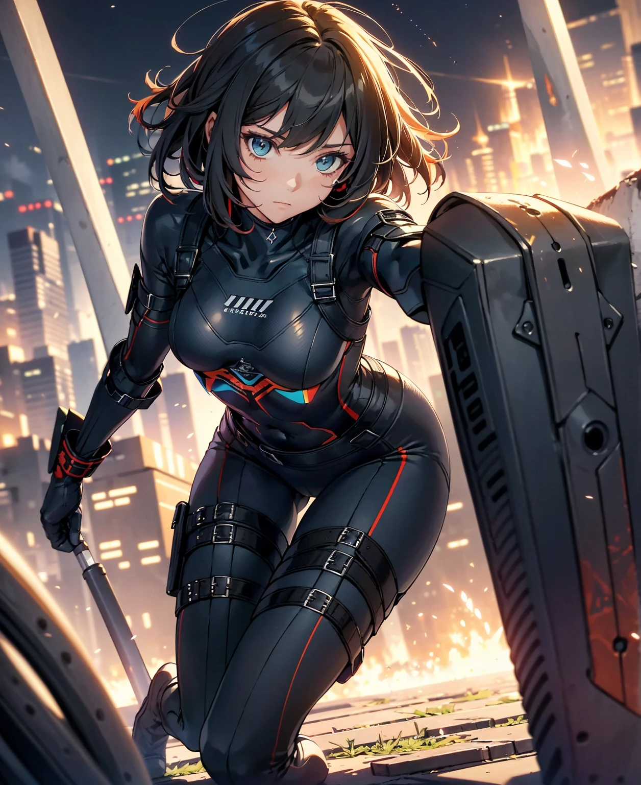 best quality，T Masterpiece，ultimate resolution，fluff，very colorful，colorful，female combatant，（kneeling pose）（pointing at you with his butt）mature woman，Black Super Short Hair，tight combat uniform，tight suit，Steel City Background，night，normal posture，normal posture