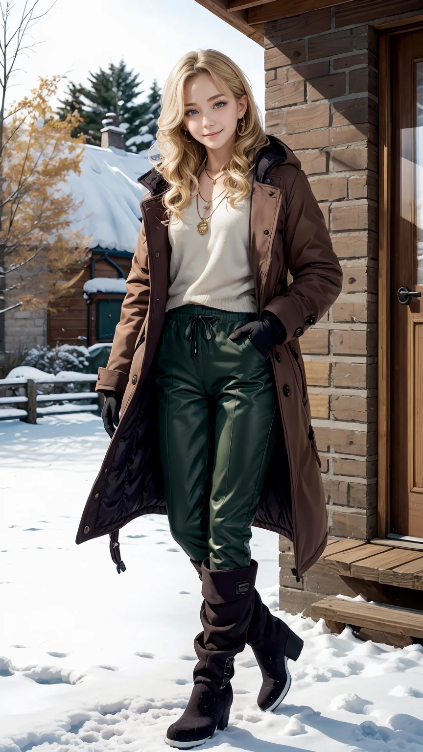 25-year-old Caucasian woman、Blonde gradient color、Eye color is blue、medium long hair、hair is wavy、wearing accessories on the wrist、Wearing a necklace、high resolution、Fine skin、smile、Wearing a duffel coat、I'm wearing warm pants、I'm wearing warm boots、I'm on the terrace of a cottage in a snowy forest.、I'm wearing mitten gloves、I'm wearing a muffler