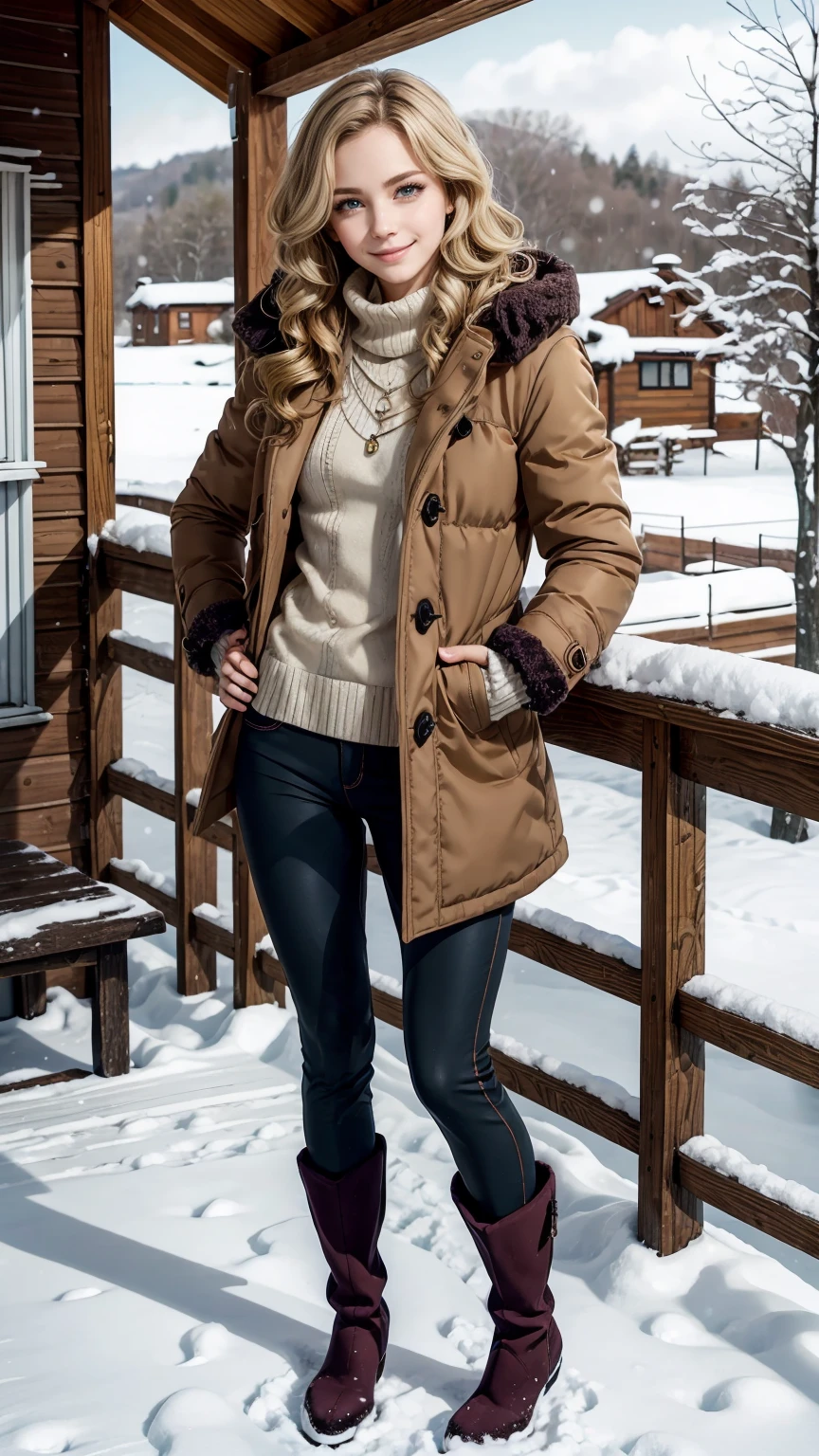 25-year-old Caucasian woman、Blonde gradient color、Eye color is blue、medium long hair、hair is wavy、wearing accessories on the wrist、Wearing a necklace、high resolution、Fine skin、smile、Wearing a duffel coat、I&#39;m wearing warm pants、I&#39;m wearing warm boots、I&#39;m on the terrace of a cottage in a snowy forest.、I&#39;m wearing mitten gloves、I&#39;m wearing a muffler