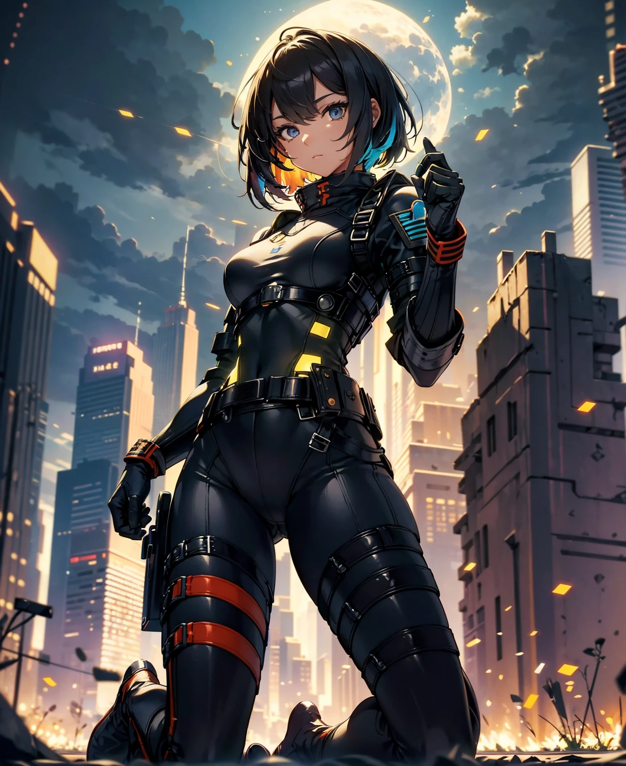 best quality，T Masterpiece，ultimate resolution，fluff，very colorful，colorful，female combatant，（kneeling pose）（pointing at you with his butt）mature woman，Black Super Short Hair，tight combat uniform，tight suit，Steel City Background，night，normal posture，normal posture