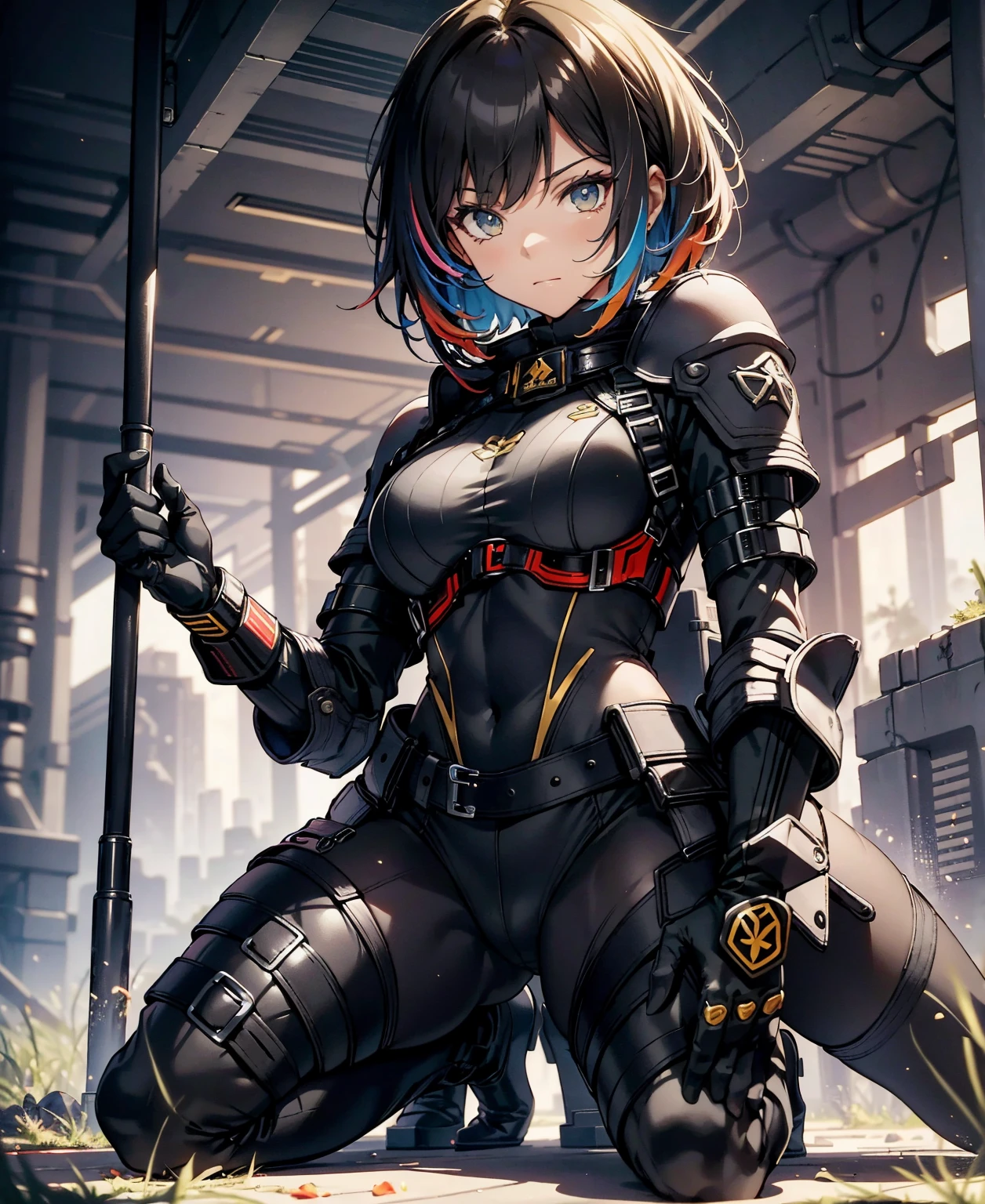 best quality,T Masterpiece,ultimate resolution,fluff,very colorful,colorful,female combatant,(Kneeling Pose)(pointing at you with his butt)mature woman,Black Super Short Hair,tight combat uniform,tight suit,Steel City Background,the night,normal posture,normal posture