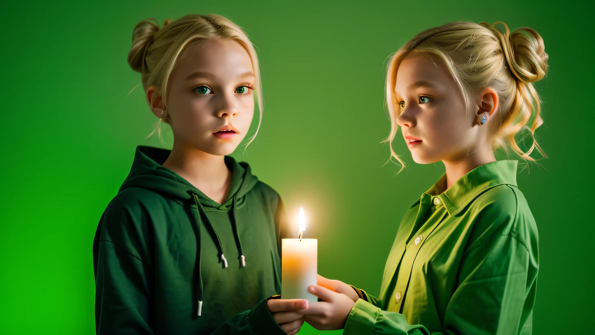 KIDS GIRL vampire blonde HAIR BUN green clothes. and candles, green light candles., GREEN BACKGROUND banished of sin