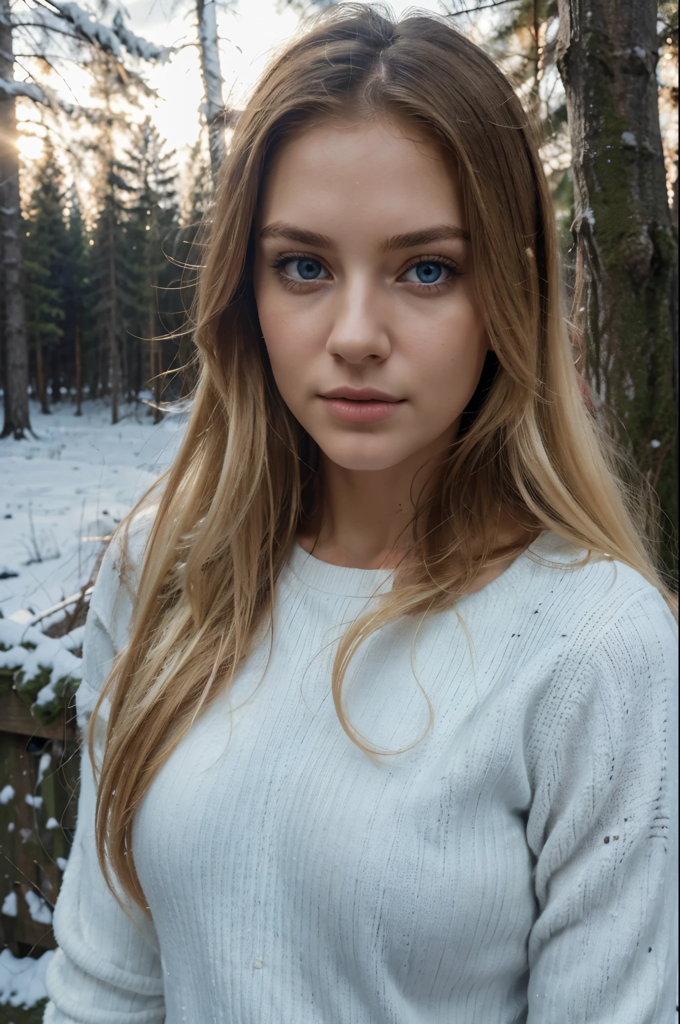 RAW, photograph,((best quality)), ((masterpiece)), ((realistic)), gorgeous european woman wearing, White winter sweater, leather jacket, Jeans, 24 year old, (long blonde hair), blue eyes, taking selfie outside, winter, winter scene, Forrest background, snowy forrest, taking a selfie, self photograph, detailed selfie, innocent, (freckles:0.6), intricate details, highly detailed, sharp focus, professional, 4k, god rays, stunning blue eyes, , delicate, innocent, highres, detailed facial features, high detail, sharp focus, smooth, aesthetic, extremely detailed, photo_\(ultra\), photorealistic, realistic, post-processing, max detail, roughness, real life, ultra realistic, photorealism, photography, 8k uhd, photography, SEMI-SILHOUETTE light, european face,
