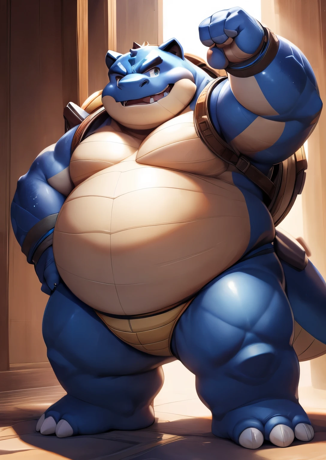 blue genitalia，solo，male people，chubbiness，small fat，Bare-chested，victory pose， solo， Detailed pubic hair， A high resolution，， tmasterpiece，Excessive obesity，Obesity in the extremities，Lift your feet，foot in the air，Correct body proportions，overweight，roadhog，Blastoise，kii，鲸鱼