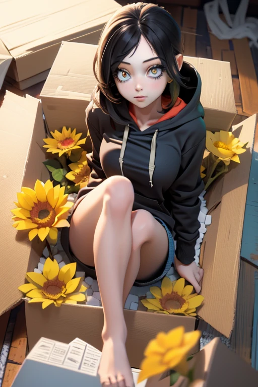 (masterpiece, exquisite beautiful eyes: 1.5), masterpiece ,1 girl,cute girl,(red eyes),small breasts,hoodie, insidebox, boxrelaxed, in box, in container, inside cardboard box, box with packing peanuts,yellow flower:1.2