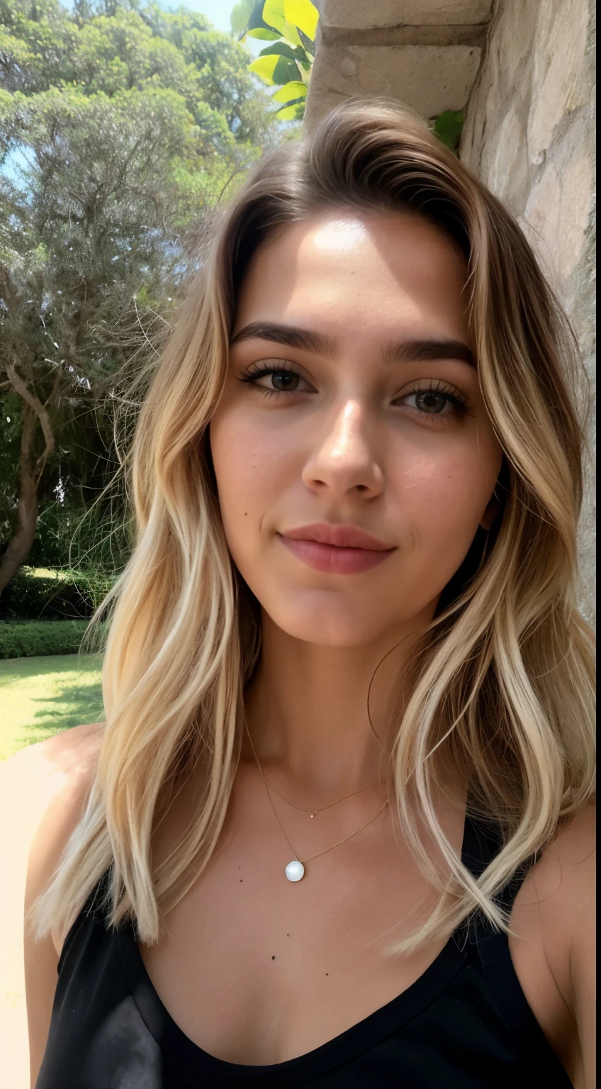 Uma mulher loira de 23 anos, ((seios grandes)), ((hiperrealismo)) ,. Blonde Hair with Light Brown Roots. cabelo loiro, Hair with brown roots, cabelos extra longos, cabelo muito comprido, cabelo muito comprido, Lindo, vista frontal, selfie, Foto tirada com iPhone, camisa preta elegante com escote, escotada, selfie no jardim, alta qualidade, iPhone selfie, decote
