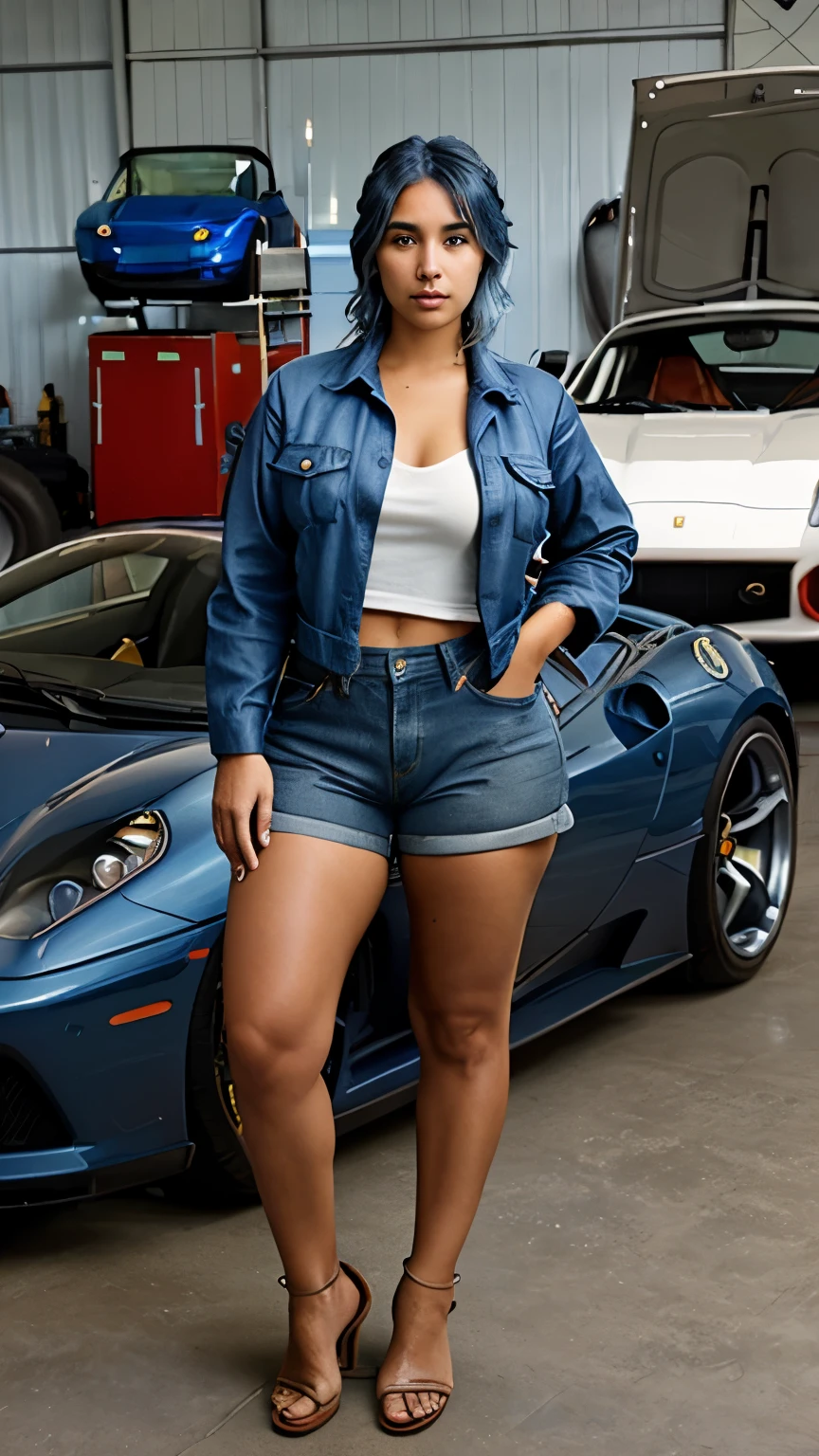 A beautiful blueish hair, brown eyes woman, tanned skin, slightly voluptuous, wearing mechanic clothing standing next to a ferrari car in repair.