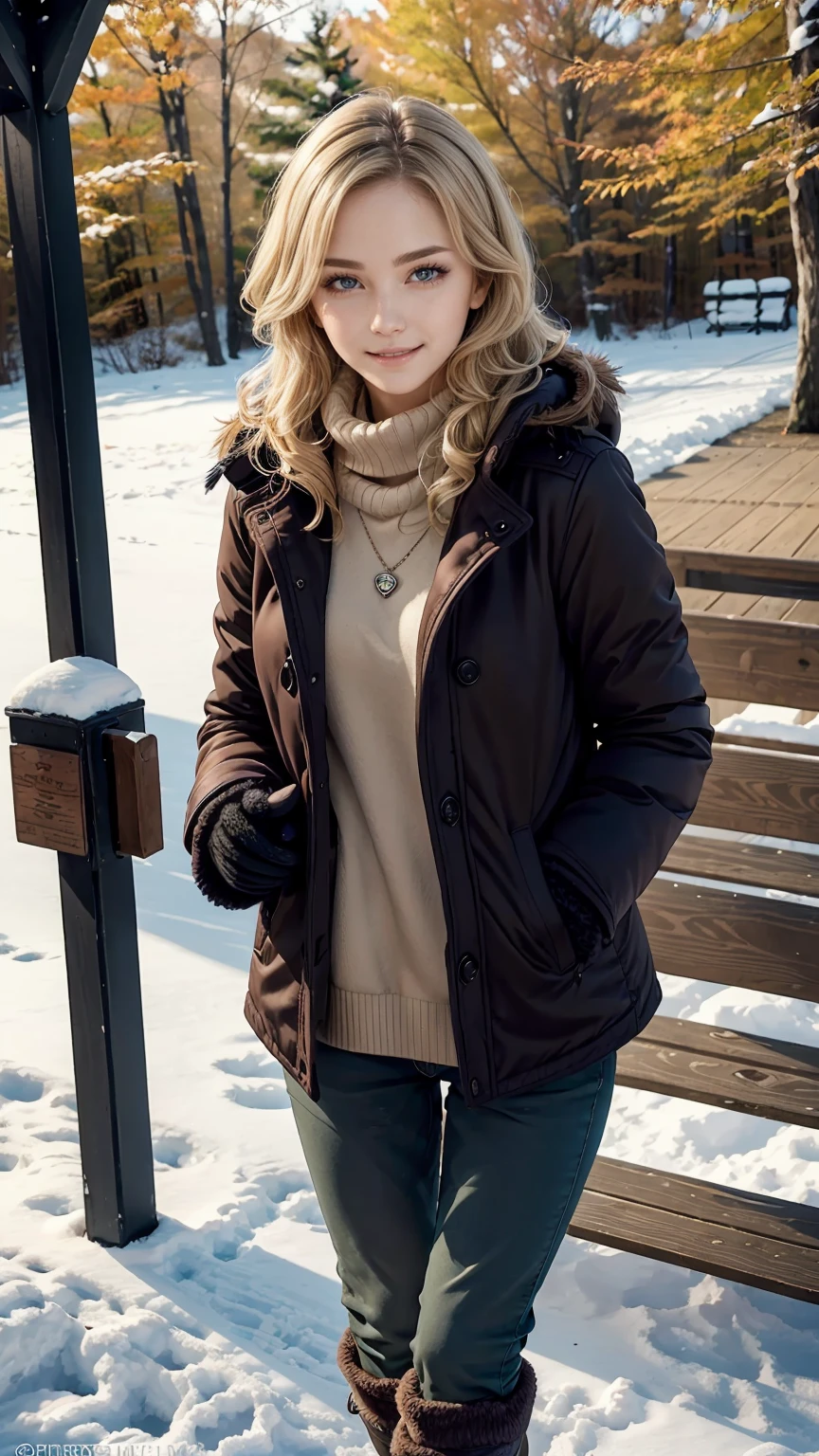 25-year-old Caucasian woman、Blonde gradient color、Eye color is blue、medium long hair、hair is wavy、wearing accessories on the wrist、Wearing a necklace、high resolution、Fine skin、smile、wearing a high neck sweater、Wearing a duffel coat、I&#39;m wearing warm pants、I&#39;m wearing warm boots、I&#39;m on the terrace of a cottage in a snowy forest.、I&#39;m wearing mitten gloves、I&#39;m wearing a muffler、I&#39;m warming my hands with my own breath