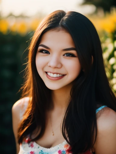 photograph of a pretty woman, 23yo, jubilant, long exposure, sharp focus on subject, floral hedge background, vibrant color, colorful, depth of field, 35mm Lens, f1.8, film grain, colorful