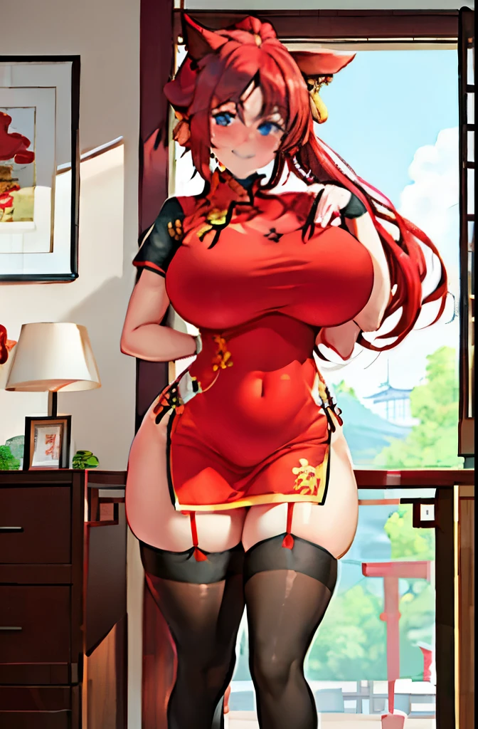 masterpiece, best quality, 1girl, standing, full body, red hair, blue eyes, (qipao:1.2), (red chinese dress:1.2), (gigantic breasts:1.2),(wide hips:1.2),(thick thighs:1.2), black panties, black underwear ,smile,thighhighs,(blush:1.2),indoors,choker, slender waist, fox girl, fox ears, long hair, ponytail, long qipao, skintight qipao