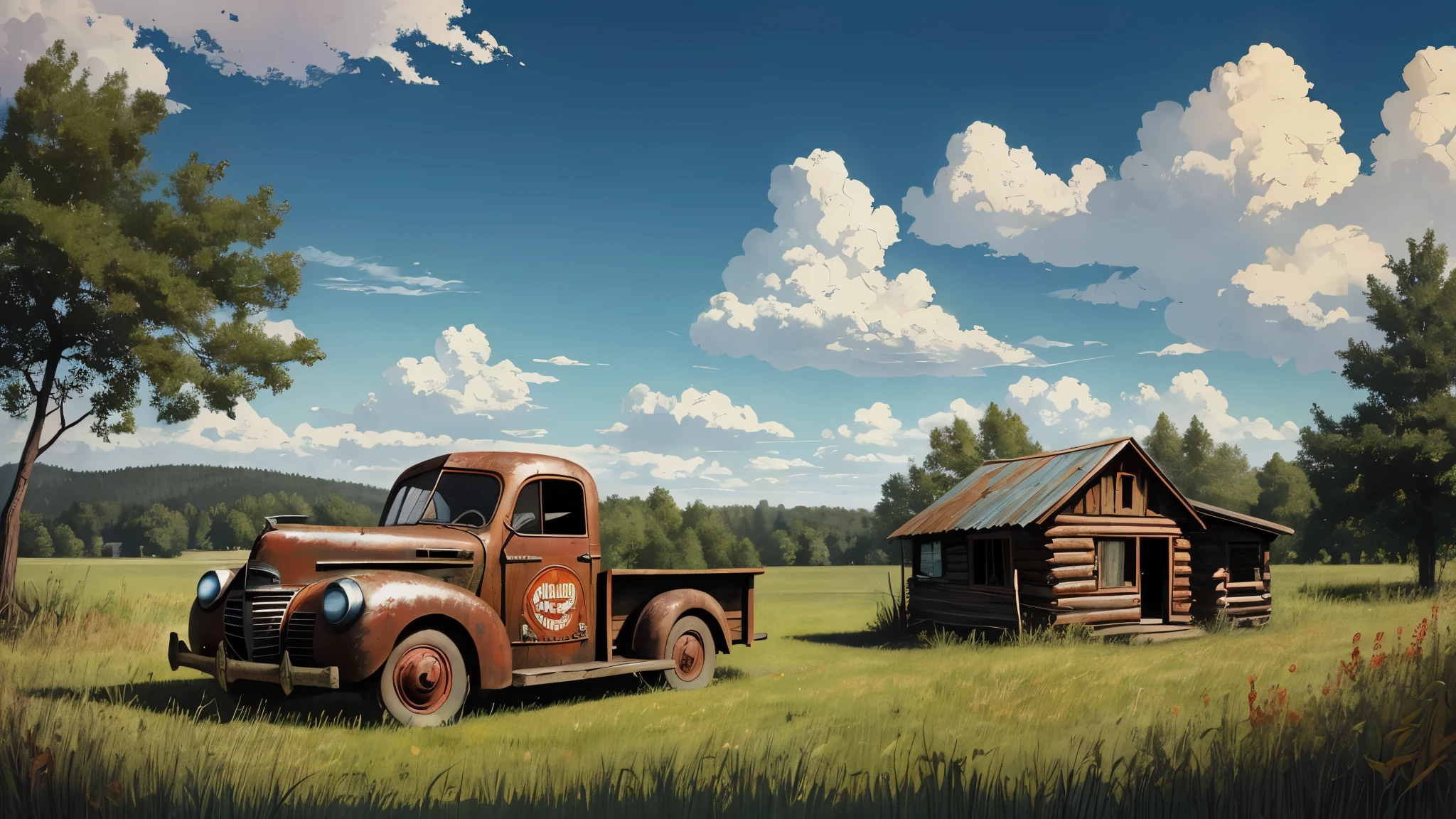 1940s poster, artwork, simple art, cartoon, rustic cabin, overgrown weeds, old rusted pickup, blue sky, light clouds