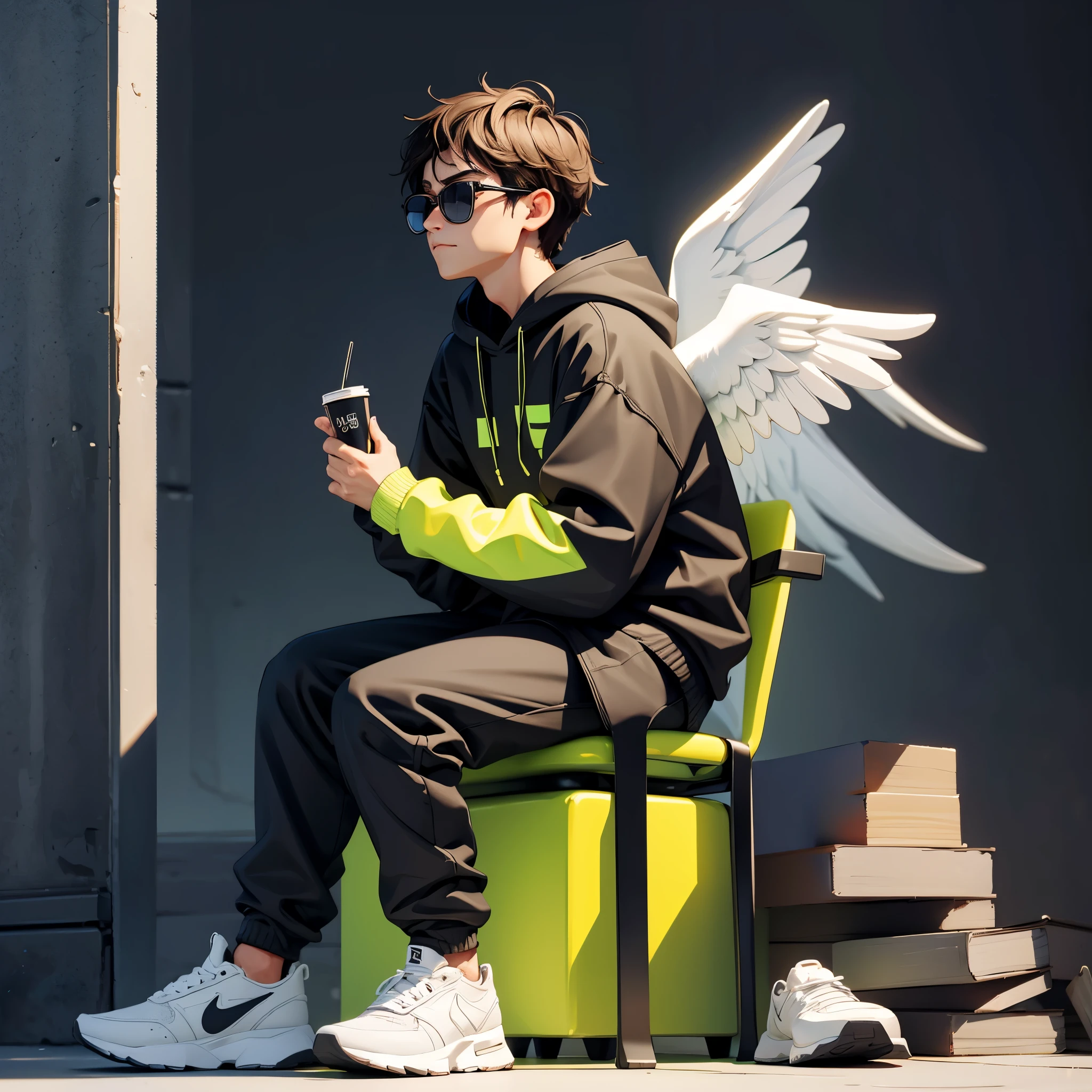Create a 3D illusion for a profile picture where an "14" of one year "male" Cute in a casual black hoodie on a chair Wingback is sitting. He is wearing shoes Linen and sunglasses forward looks. "Artin" background in large fonts And big yellow neon zinc Dark gray wall TRENDING BING shows. His shadow should not exist have and There are wings to build it He looks like an angel