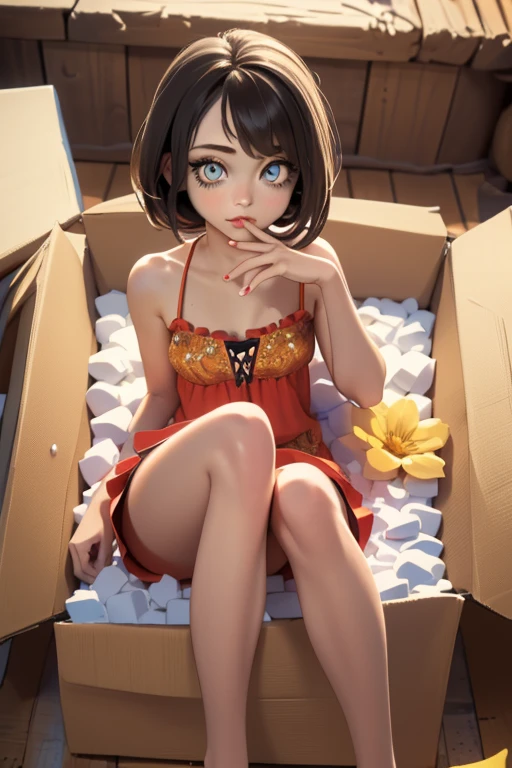 (masterpiece, exquisite beautiful eyes: 1.5), masterpiece ,1 girl,cute girl,(red eyes),small breasts,camisole, insidebox, boxrelaxed, in box, in container, inside cardboard box, box with packing peanuts,yellow flower:1.2