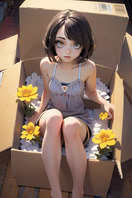 (masterpiece, exquisite beautiful eyes: 1.5), masterpiece ,1 girl,cute girl,(red eyes),small breasts,camisole, insidebox, boxrelaxed, in box, in container, inside cardboard box, box with packing peanuts,yellow flower:1.2