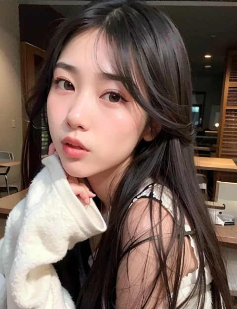 there is a woman with long hair posing for a picture, young lovely korean face,  coreana, young pale and beautiful asian face, adorable and pale korean face, Ulzzang, linda mulher sul-coreana, south east asian com rosto redondo, Korean facial features, linda jovem coreana, linda jovem coreana, belo rosto redondo, com rosto redondo, maquiagem sul-coreana popular